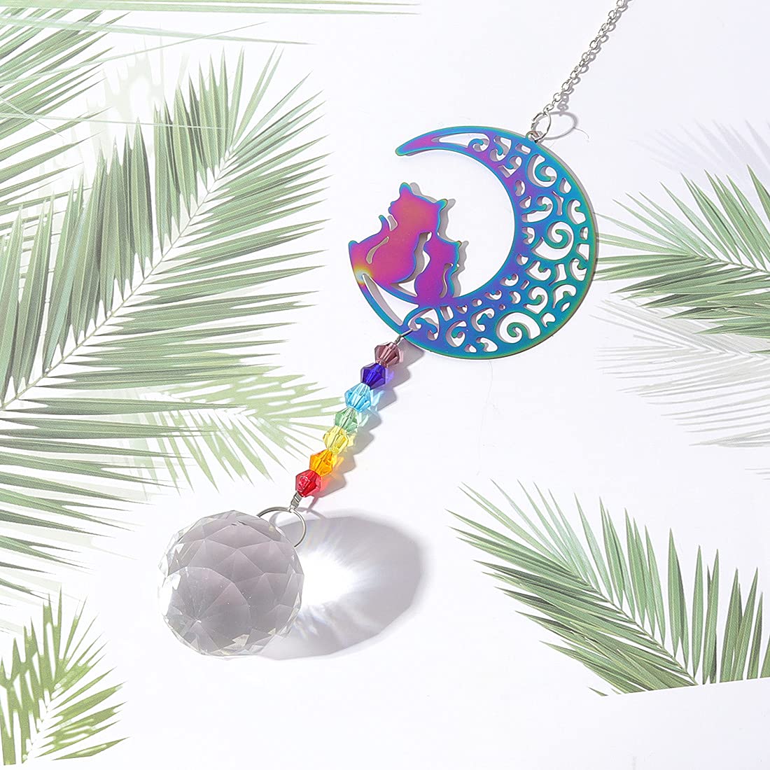 Chakra Beads Moon Cat Crystal Ball Prism Pendant - Rainbow Maker Hanging Suncatcher Ornament for Home Decor & Protection | Perfect for Windows, Meditation Spaces & Spiritual Healing