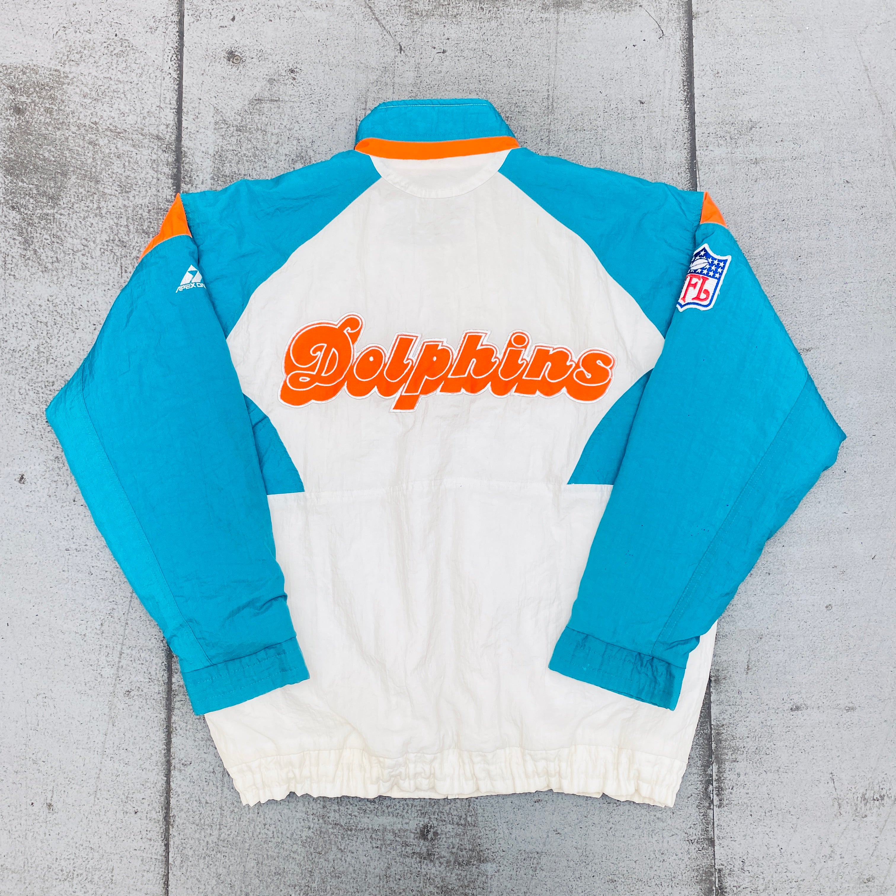 Miami Dolphins 1990s Apex One Reverse Spellout Full-Zip Jacket - Vintage NFL Fan Gear for Men & Women - Perfect for Game Day, Tailgating & Football Season (Size Large)