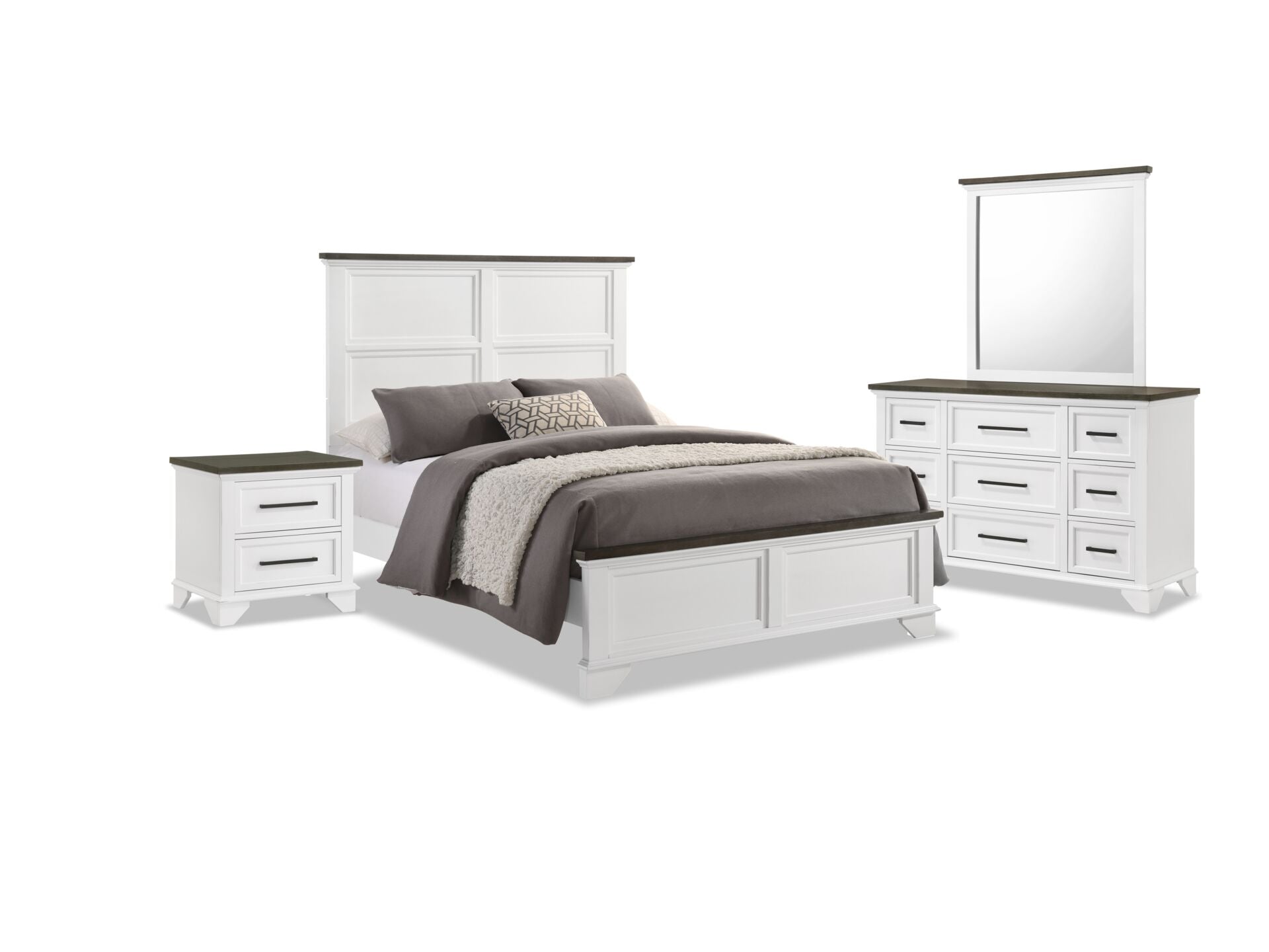 Abigail 6-Piece Queen Size Bedroom Set in White & Grey - Complete Bed Frame, Nightstands & Dresser for Modern Master Bedroom Decor