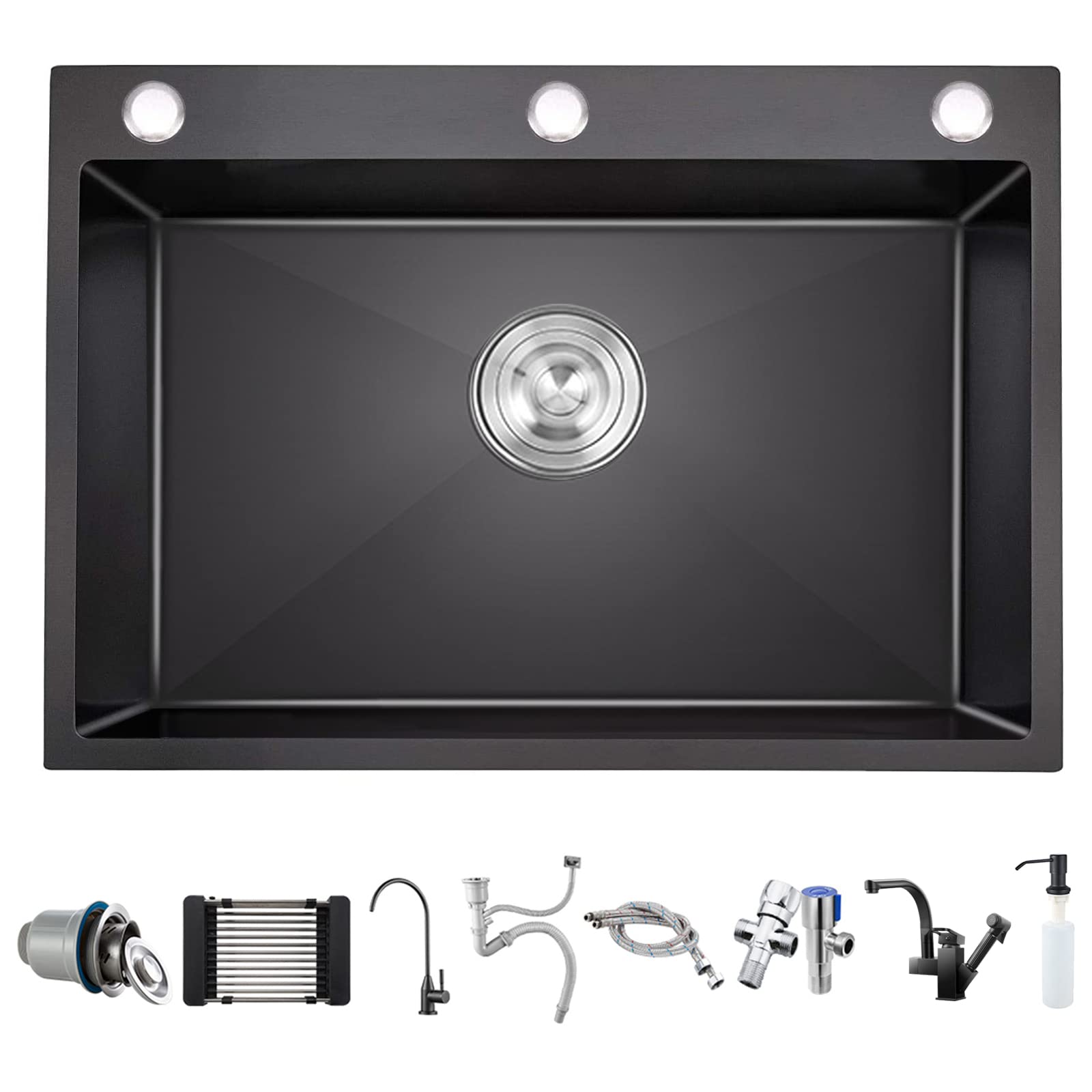 Undermount Single Bowl Kitchen Sink with Faucet - 304 Stainless Steel Large Capacity Black Nano Coating - Durable Thick Design for Home Use - Perfect for Meal Prep, Dishwashing & Modern Kitchens