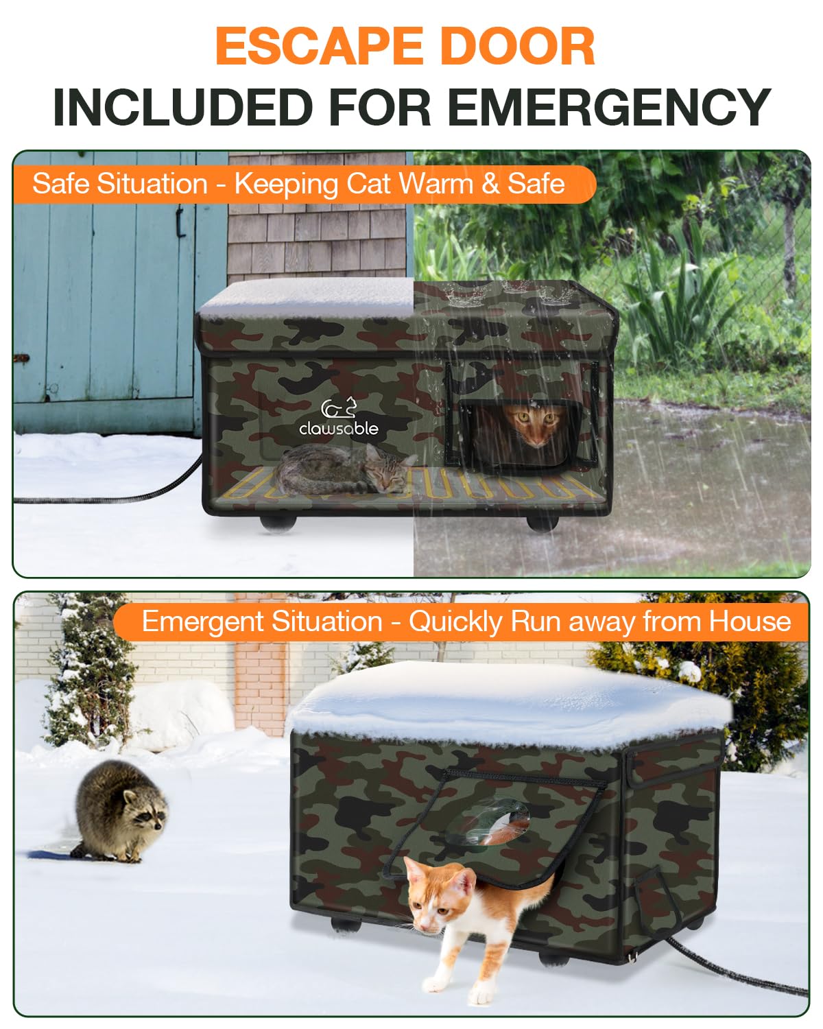 Clawsable Indestructible Heated Cat House for Outdoor Cats - 100% Weatherproof Winter Shelter with Safe Escape Door & Insulated Heater for Feral, Barn & Stray Cats | Perfect for Cold Weather, Backyard & Farm Use