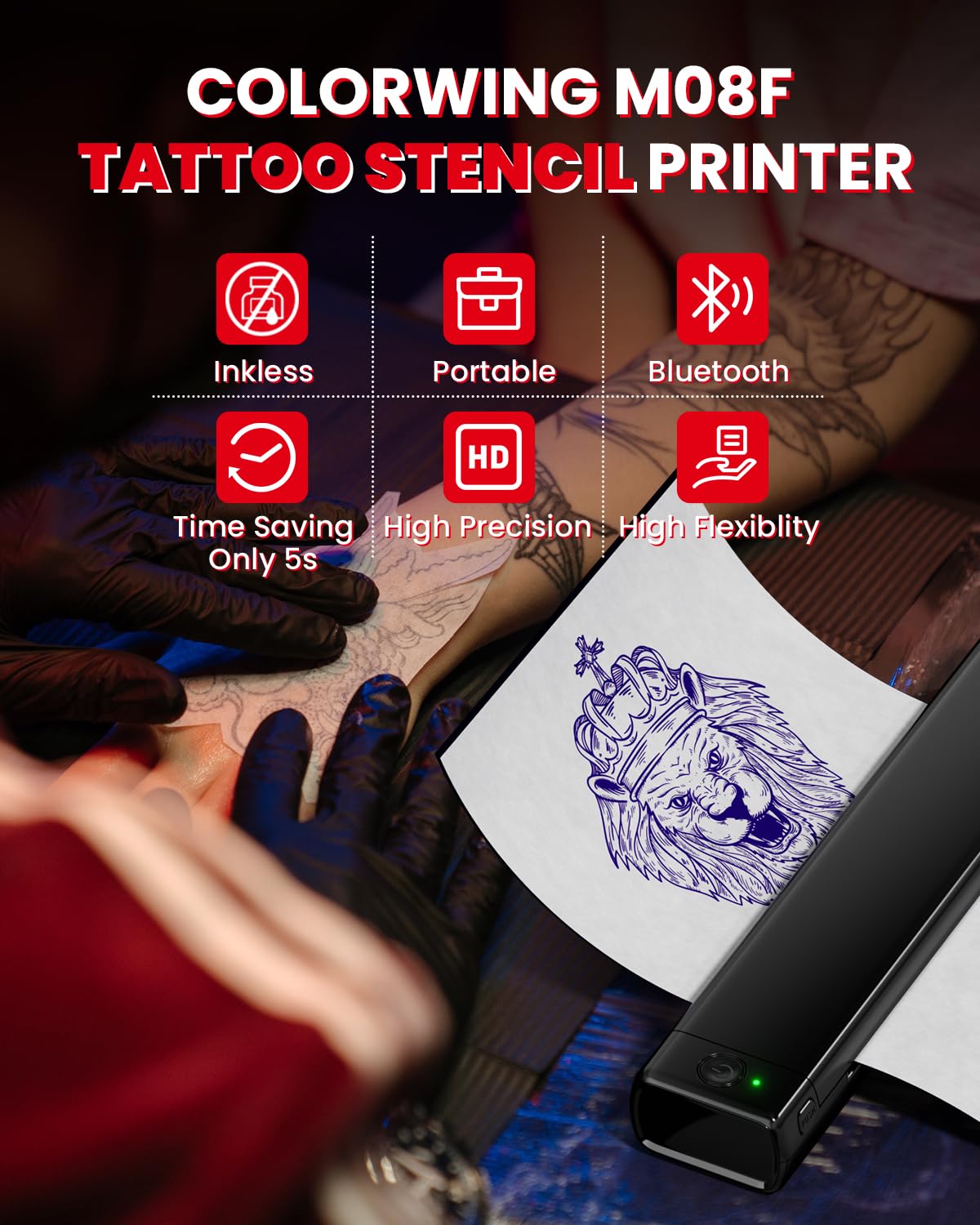 COLORWING M08F Wireless Tattoo Stencil Printer - Bluetooth Thermal Inkless Tattoo Machine with 10 Transfer Papers, Portable Design for Professional Tattoo Artists & Beginners (Black) | Perfect for Studio, Home & Travel Tattoo Work