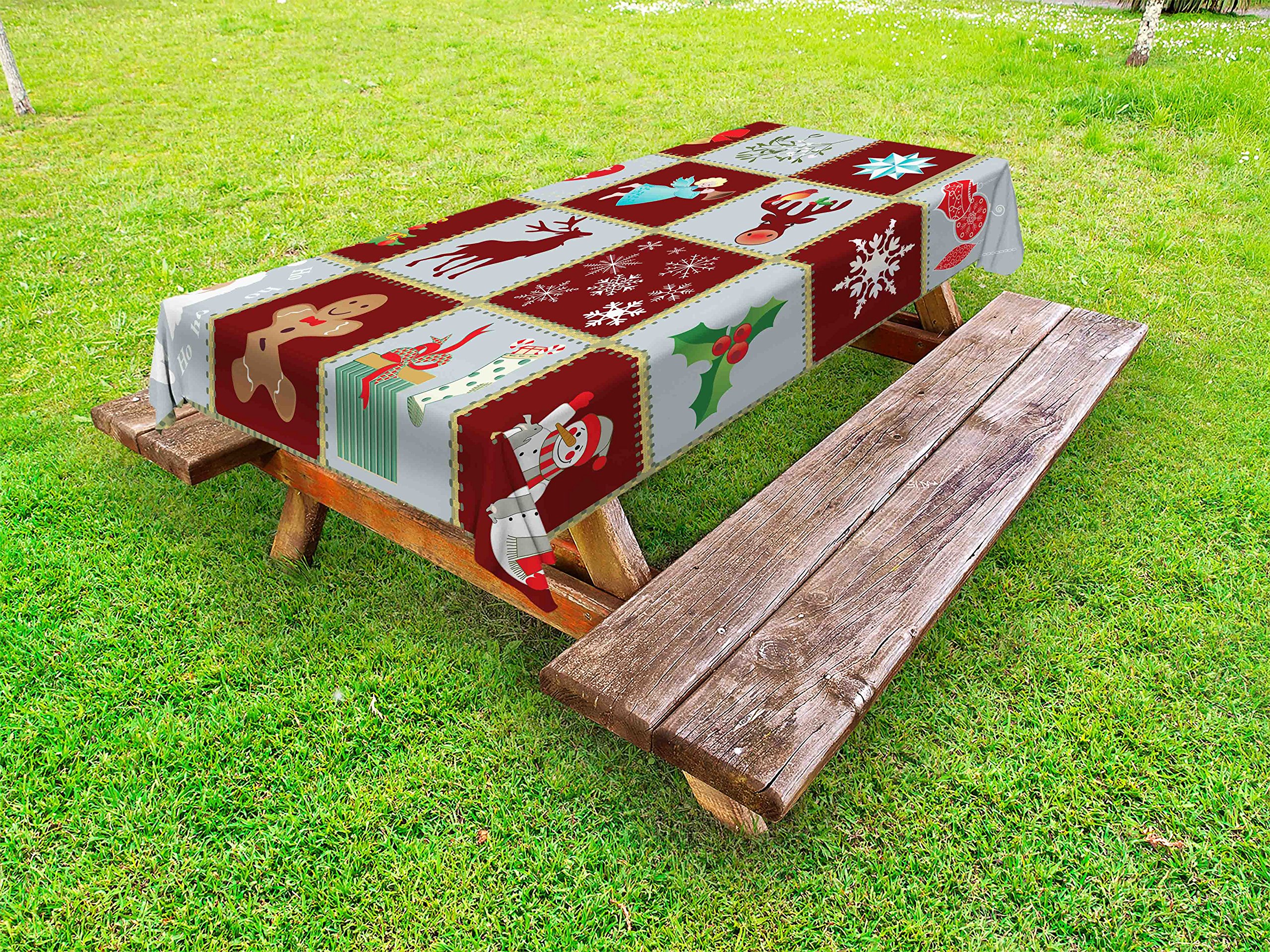 Ambesonne Christmas Angel Outdoor Tablecloth - Traditional Santa Reindeer Snowman Pine Tree Design - Washable Picnic Table Cover 58x104 Inches - Burgundy Blue Grey - Perfect for Holiday Parties, Outdoor Dining & Seasonal Decorations