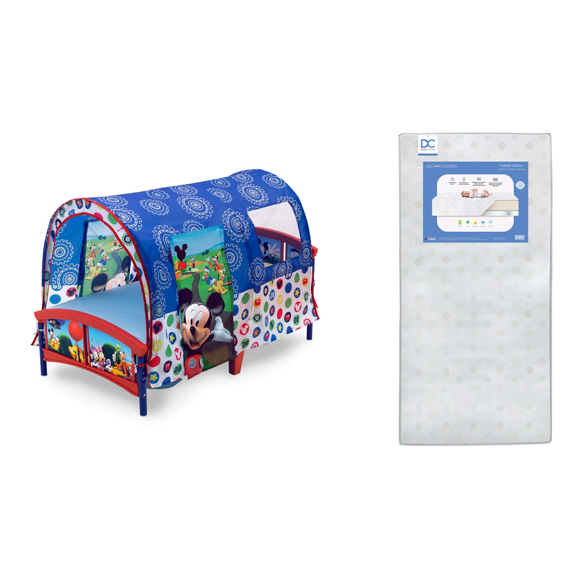 Delta Children Toddler Tent Bed with Disney Mickey Mouse Twinkle Galaxy Design - Dual-Sided Recycled Fiber Core Toddler Mattress Bundle for Kids' Room Decor & Playtime Adventures