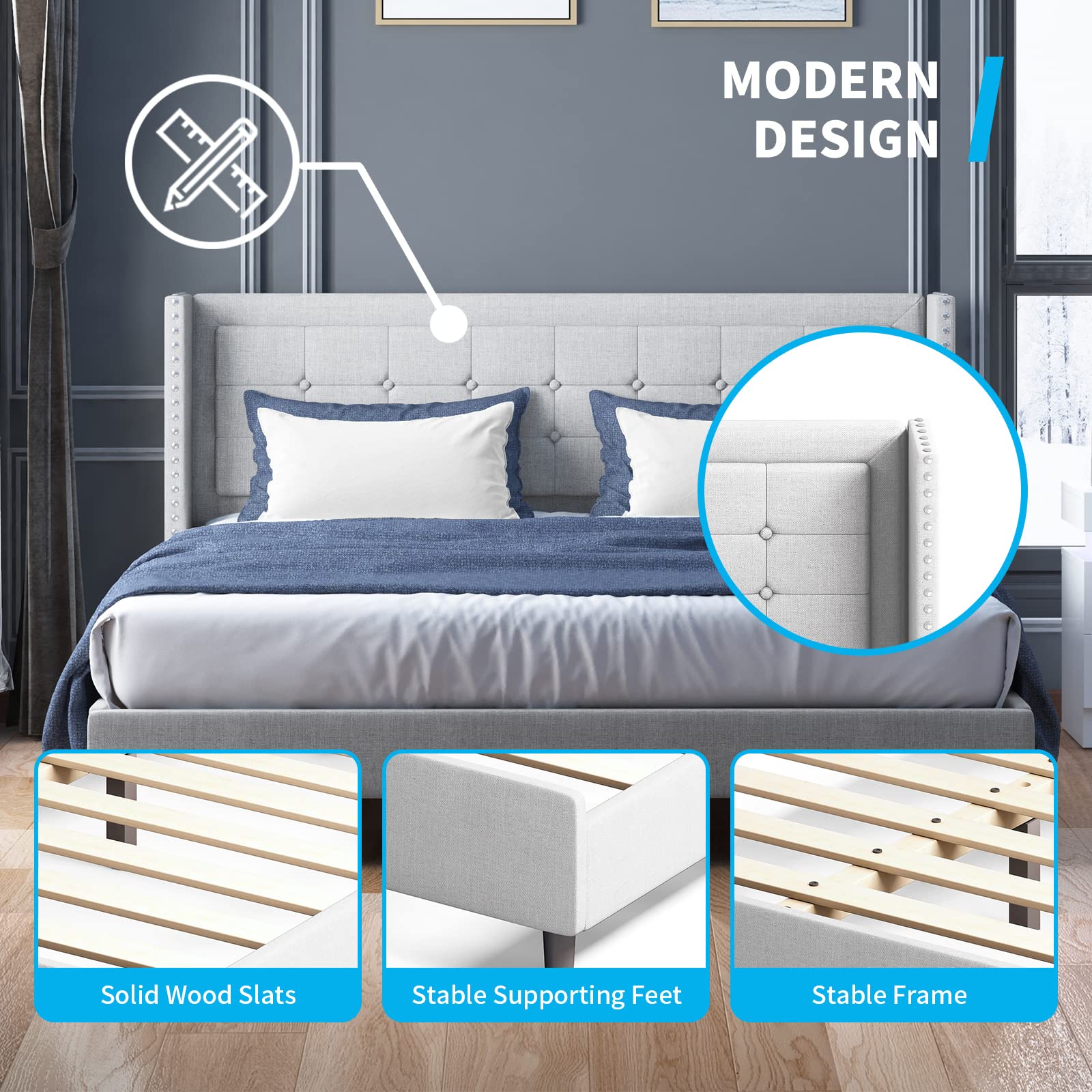 BALUS King Size Platform Bed Frame with Wingback Headboard - Modern Upholstered Bed with Rivet Decor, No Box Spring Required, Easy Assembly (King, Light Grey) - Perfect for Master Bedroom, Guest Room & Modern Home Decor