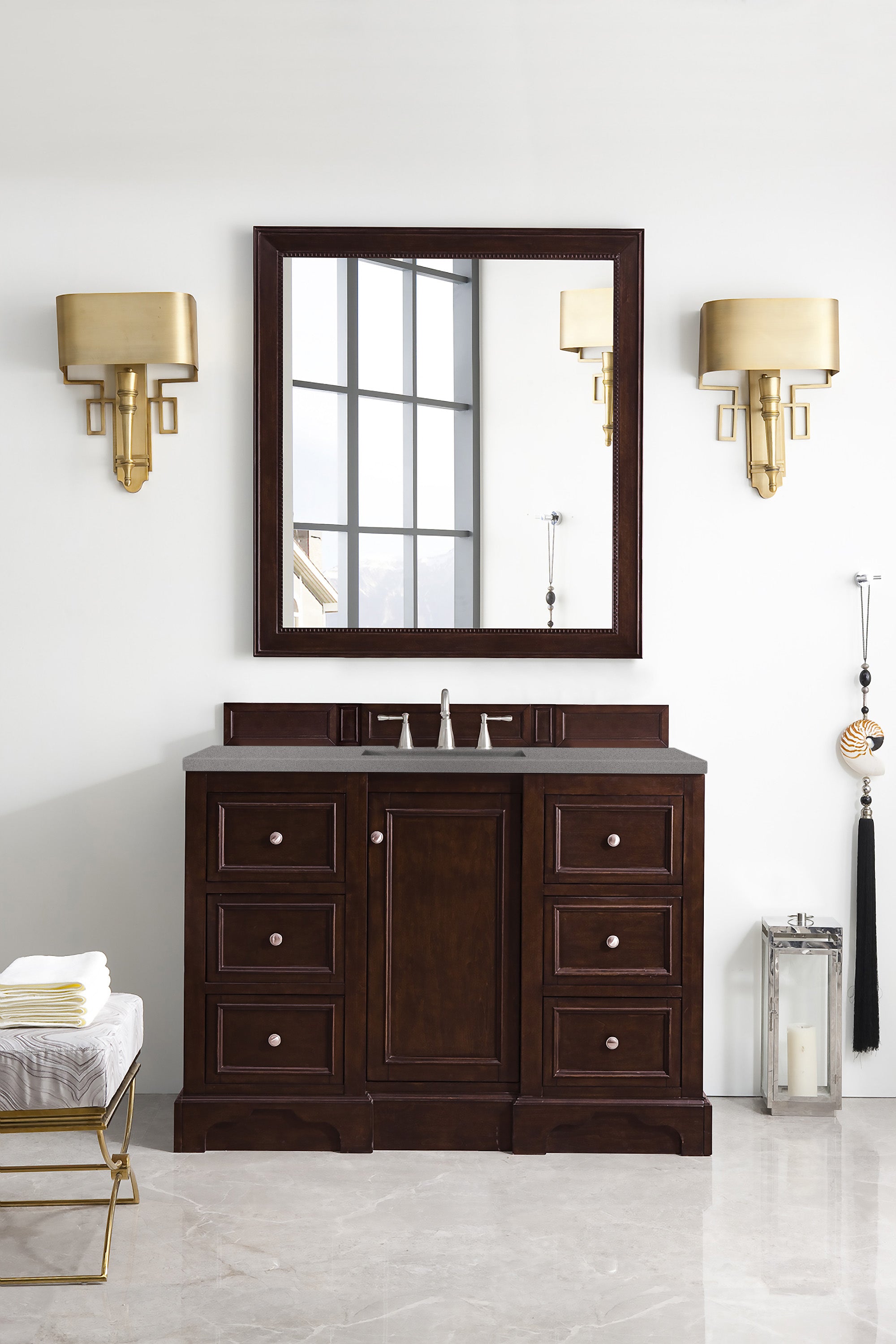 De Soto 48 Inch Single Bathroom Vanity with Burnished Mahogany Base & 3CM Grey Expo Quartz Top - Modern Bathroom Storage Solution for Small Spaces