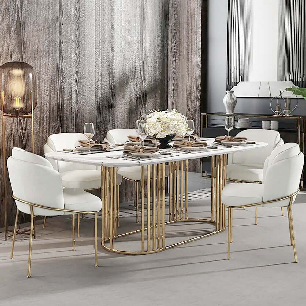 Modern White Dining Chair - Cotton & Linen Upholstered Side Chair with Gold Finish - Perfect for Kitchen, Dining Room & Home Office Decor