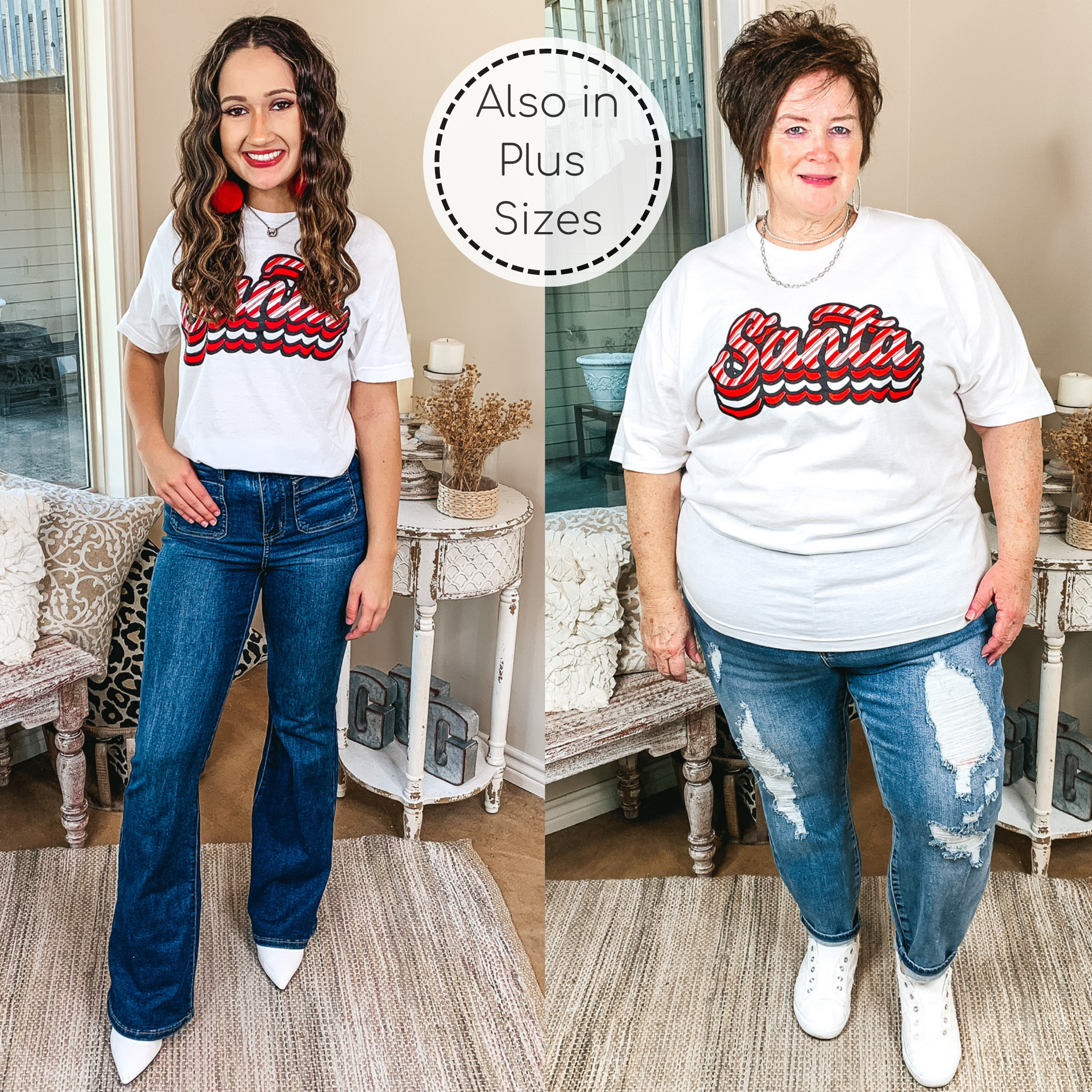 Retro Santa Graphic Tee - White Candy Cane Stripes Christmas T-Shirt for Holiday Parties & Family Gatherings