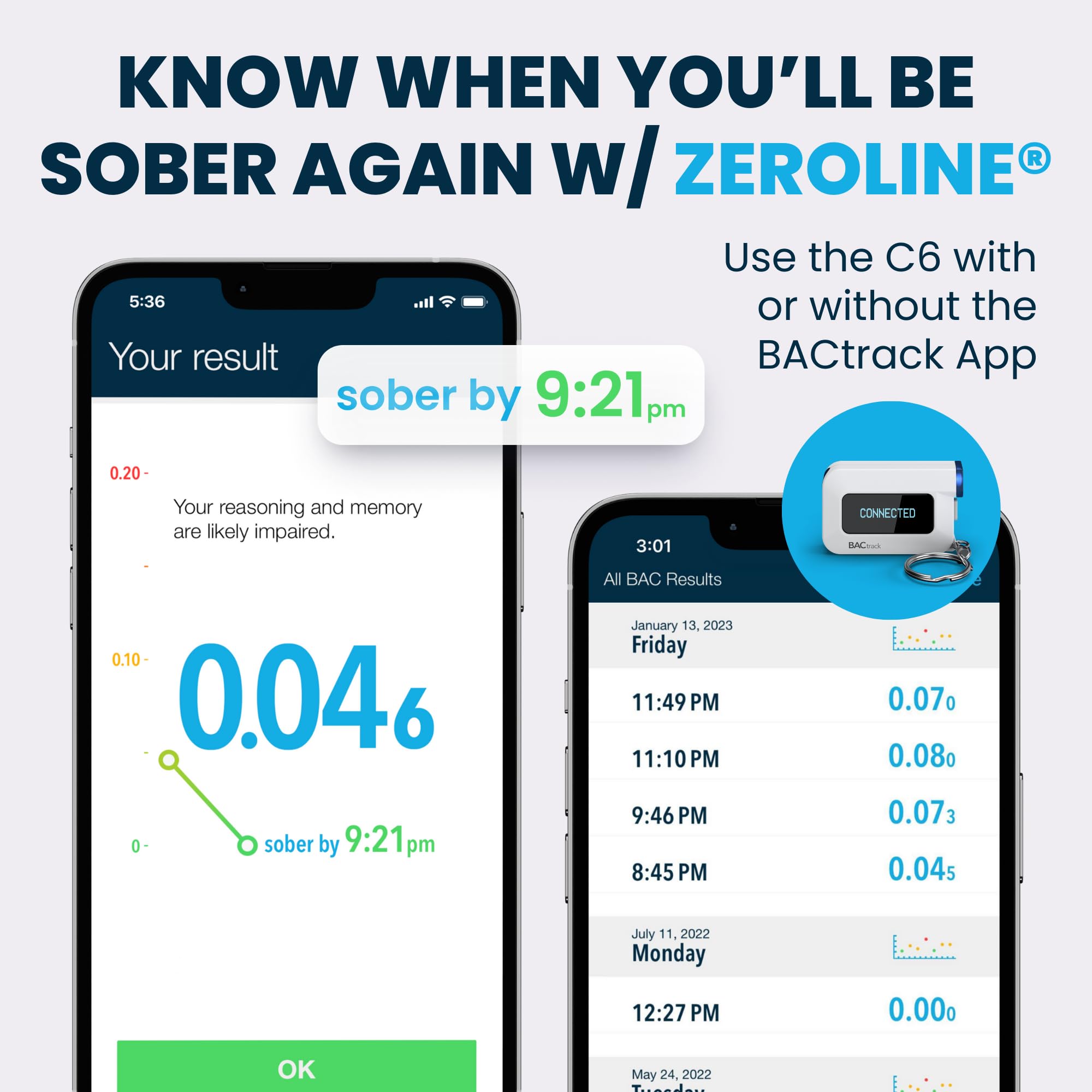 BACtrack C6 Keychain Breathalyzer with 20 Disposable Mouthpieces - Portable Alcohol Tester for Personal & Professional Use - Perfect for Parties, Events, and Workplace Safety