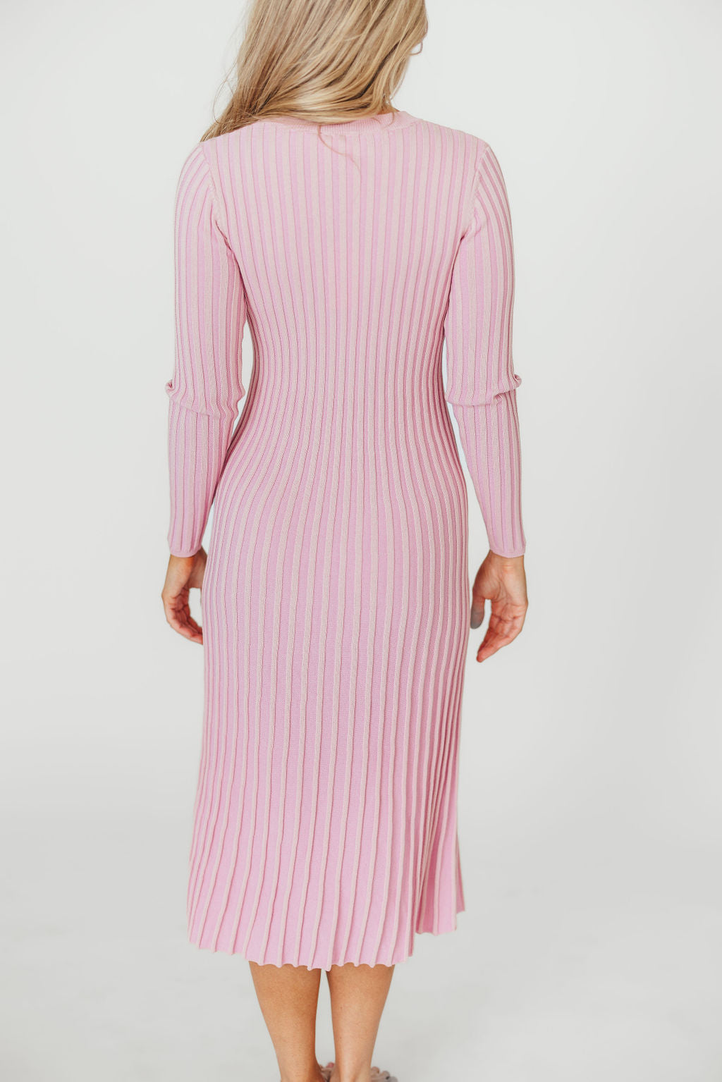 Lacey Long Sleeve Ribbed Sweater Midi Dress in Pink - Bump Friendly Maternity Dress for Pregnancy & Nursing, Perfect for Fall/Winter, Date Night & Baby Shower