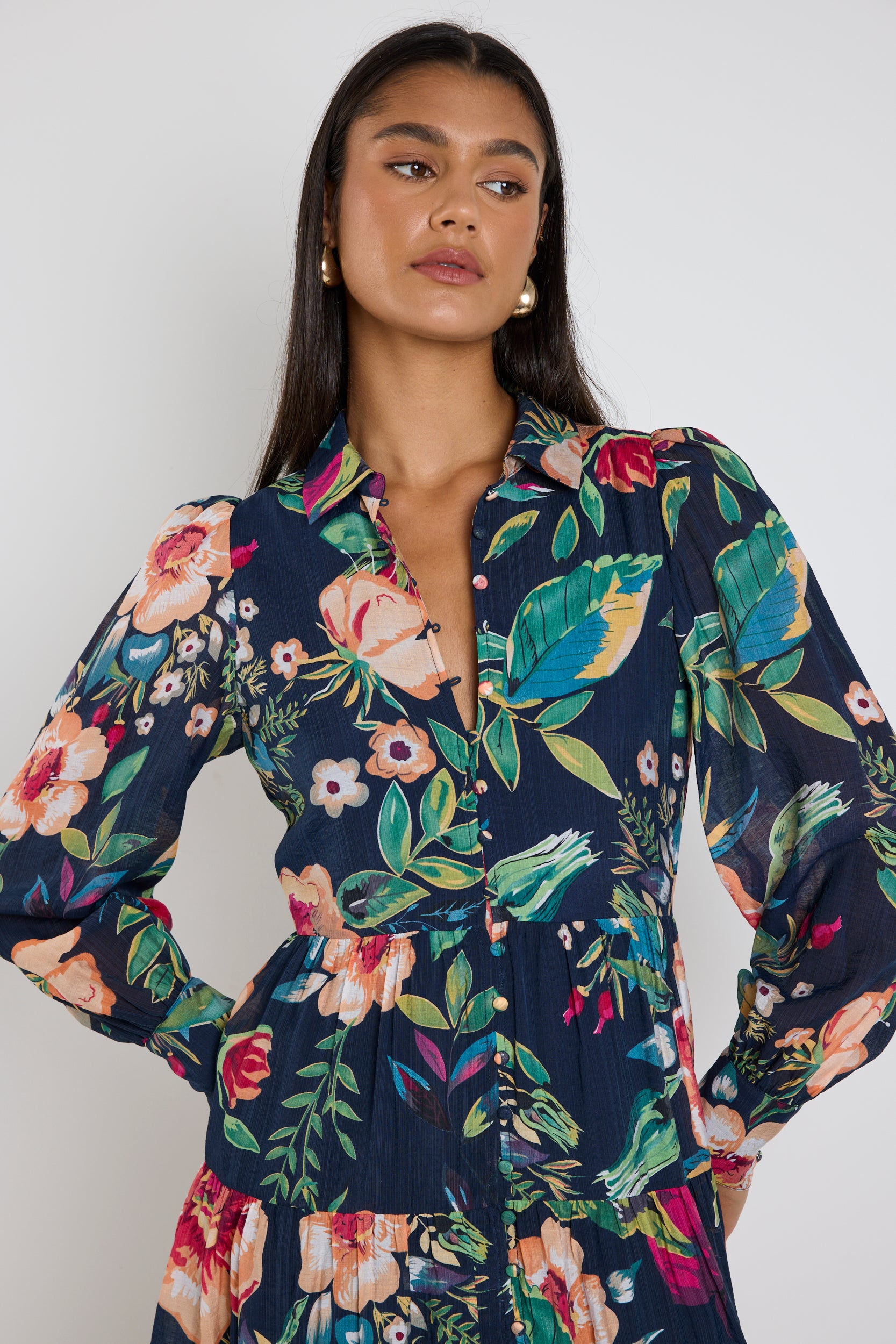 Adair Navy Vibrant Floral Long Sleeve Tiered Shirt Style Maxi Dress for Women | Elegant Boho Chic Midi Dress for Wedding Guest, Party & Special Occasions