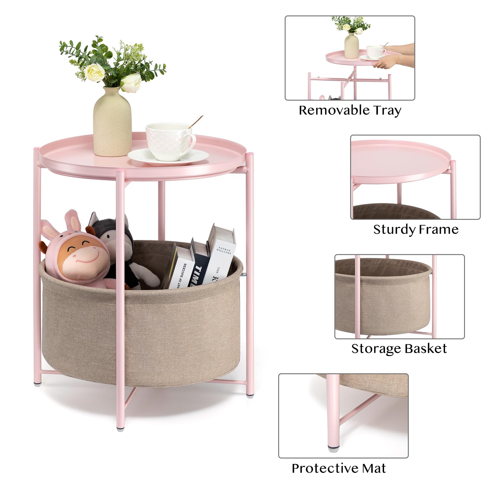 Round Side Table with Fabric Storage Basket - Small Metal Bedside Nightstand with Removable Tray Top - Perfect for Living Room, Bedroom, Nursery & Laundry - Light Pink Home Decor Accent Table