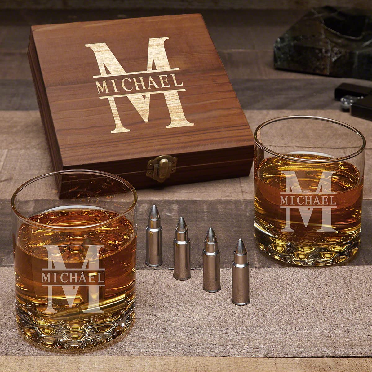 Premium Whiskey Stones Gift Set - Oakmont Bullet Ice Cubes for Chilling Whiskey, Bourbon & Scotch - Reusable & Non-Diluting - Perfect for Home Bars, Gifts & Cocktail Parties