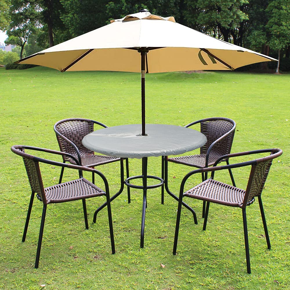 Round Vinyl Tablecloth with Umbrella Hole & Zipper - 100% Waterproof PVC Table Cover for Outdoor Picnic, Patio & BBQ - Easy Wipe Clean - Fits 40
