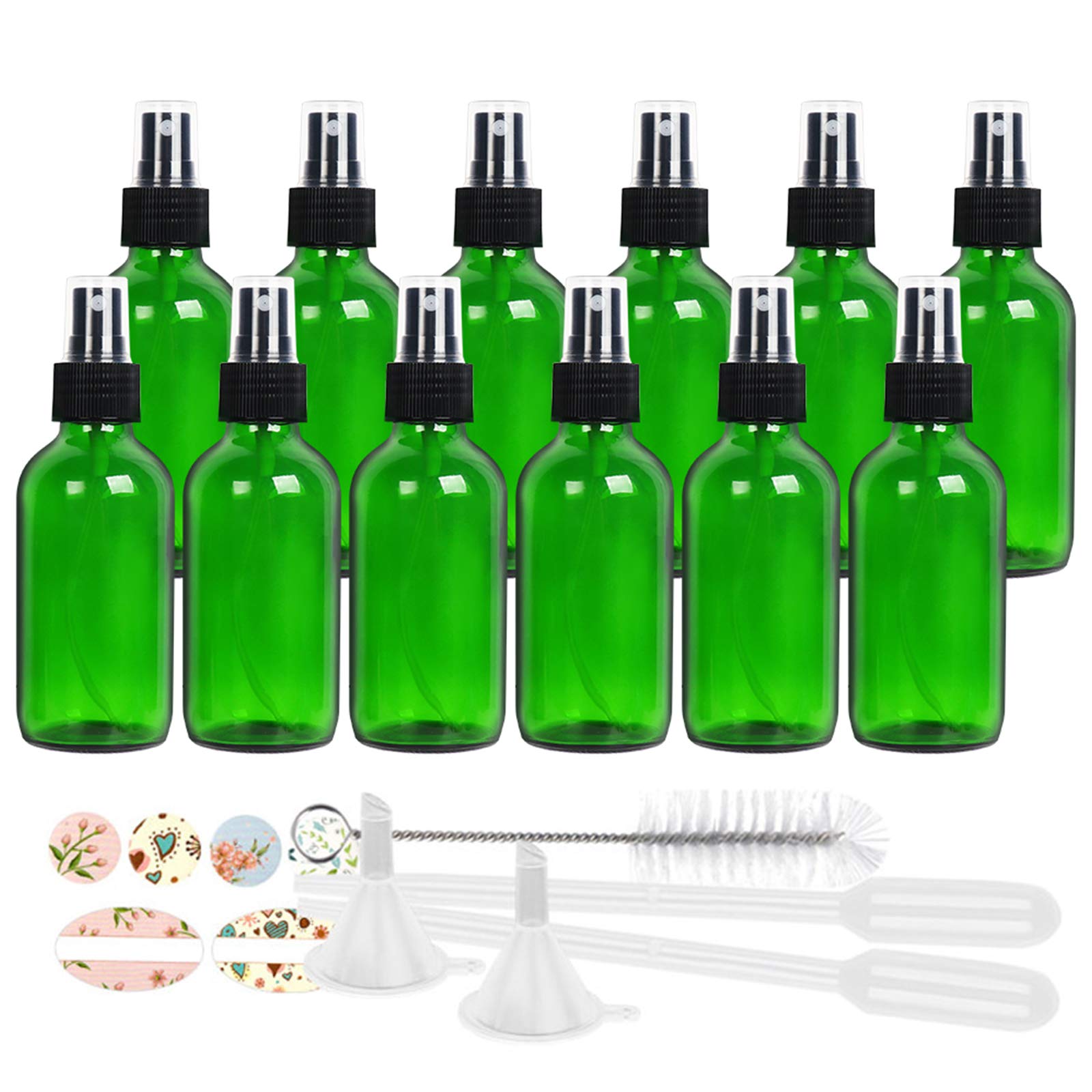 STARSIDE 12 Pack 4oz (120ml) Green Glass Spray Bottles with Fine Mist Nozzle & Dust Cap - Essential Oil Bottles, Perfume Atomizer, Cleaning Solution Sprayer - Includes 1 Brush, 2 Funnels, 2 Droppers & 18 Labels - Perfect for DIY Beauty, Aromatherapy & Home Cleaning