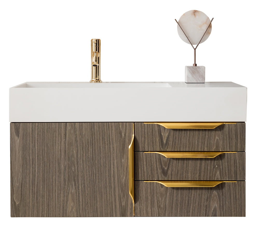 Mercer Island 36 Inch Single Bathroom Vanity in Ash Gray with Radiant Gold Accents and Glossy White Composite Top - Perfect for Modern Master Bathrooms and Powder Rooms