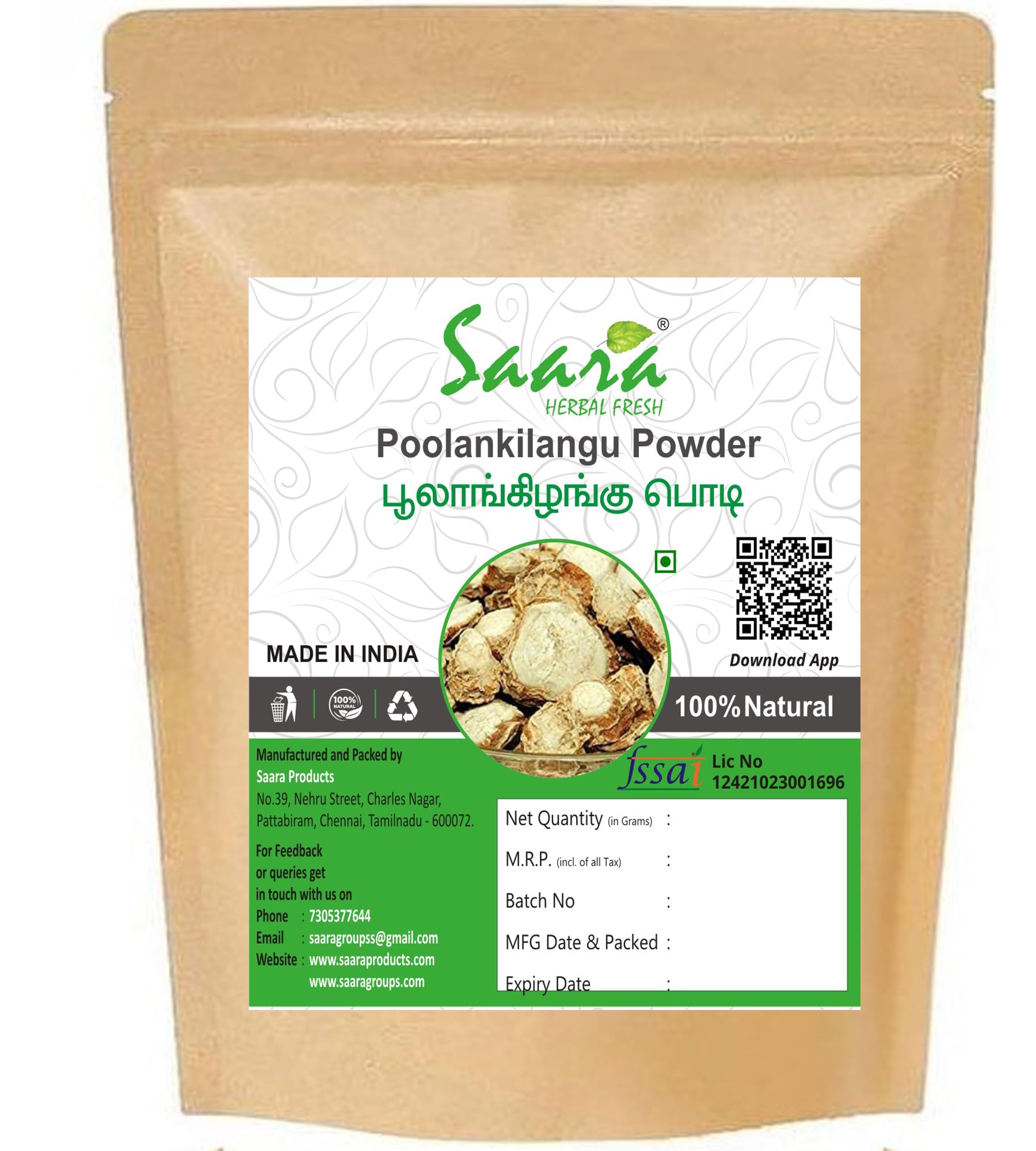 Saara HERBAL FRESH White Turmeric Powder (70g) – Kachur, Kichili Kilangu for Skin Care & Brightening – Natural Ayurvedic Remedy for Glowing Skin – Perfect for DIY Face Masks & Beauty Routines