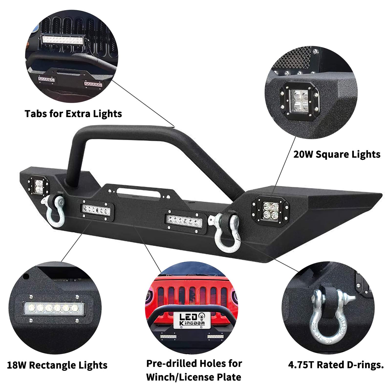 LEDKINGDOMUS Black Front & Rear Bumper with 4X LED Lights for 2007-2018 Jeep Wrangler JK & Unlimited - Winch Plate, D-Rings, 2
