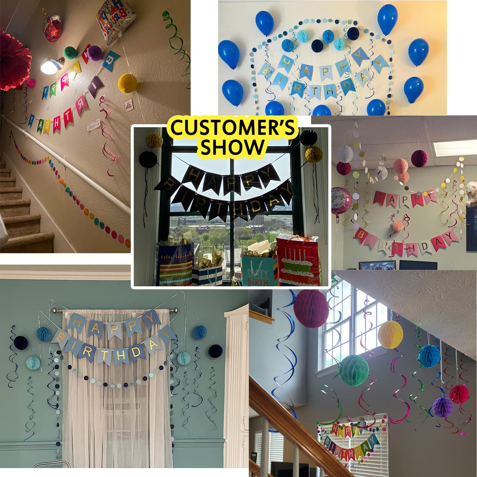 Blue Birthday Party Decorations Set - Happy Birthday Banner, Paper Honeycomb Balls, Circle Garland & Hanging Swirls for DIY Home Decor | Perfect for Birthday Celebrations, Baby Showers & Anniversary Parties