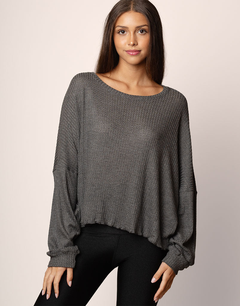 Oversized Waffle Knit Sweater Women's Long Sleeve Charcoal Gray Pullover - Cozy Winter Casual Wear for Lounge, Office & Date Nights
