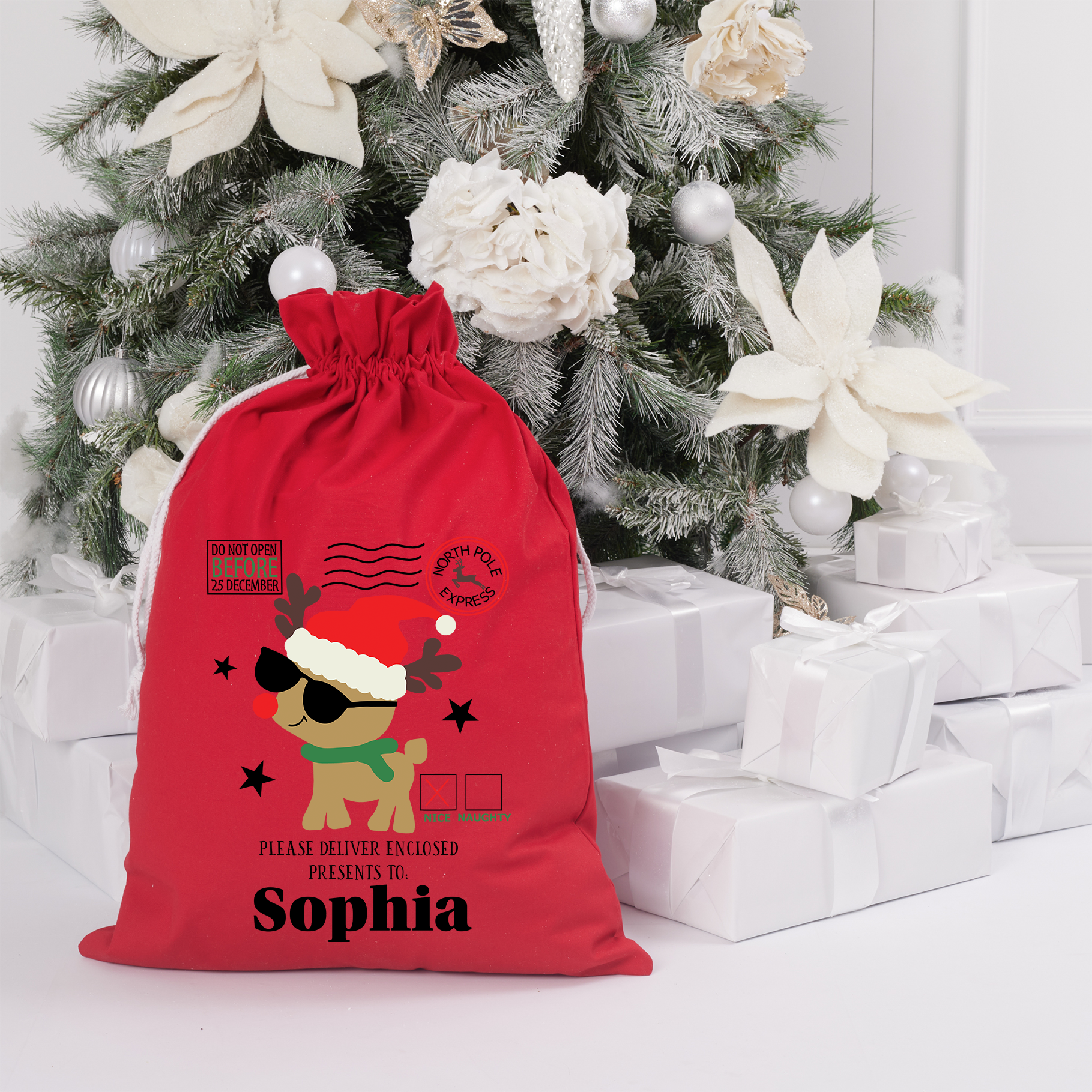 Personalized Christmas Santa Sack with Reindeer Design - Custom Name Gift Bag for Holiday Presents, Stocking Stuffers & Festive Decorations