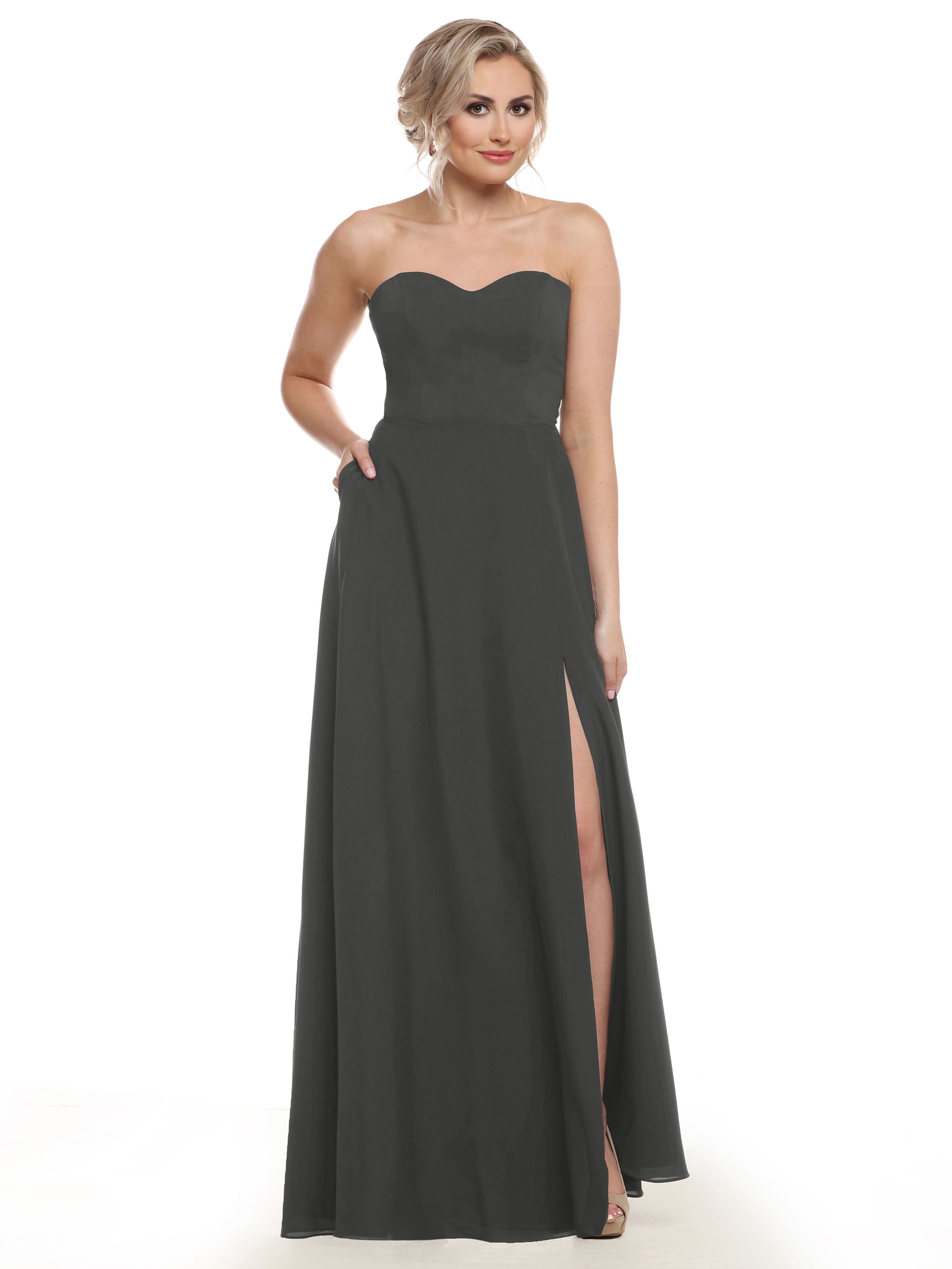 Strapless Stretch Chiffon A-Line Bridesmaid Dress with Pockets & Side Slit - Elegant Formal Wedding Party Gown for Bridesmaids, Evening Events & Special Occasions