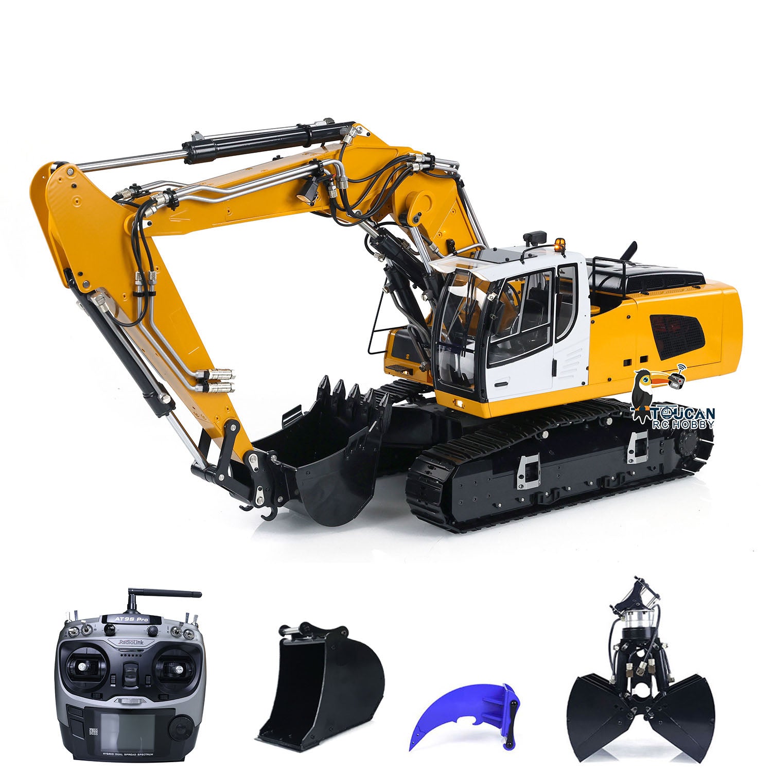 MTMODEL 1:14 Scale Metal RC Hydraulic Excavator Toy - 3 Arms Remote Control Heavy Construction Digger with Tiltable Clamshell Bucket | Realistic Construction Site Play, Gift for Kids & Adults, Collectible Model