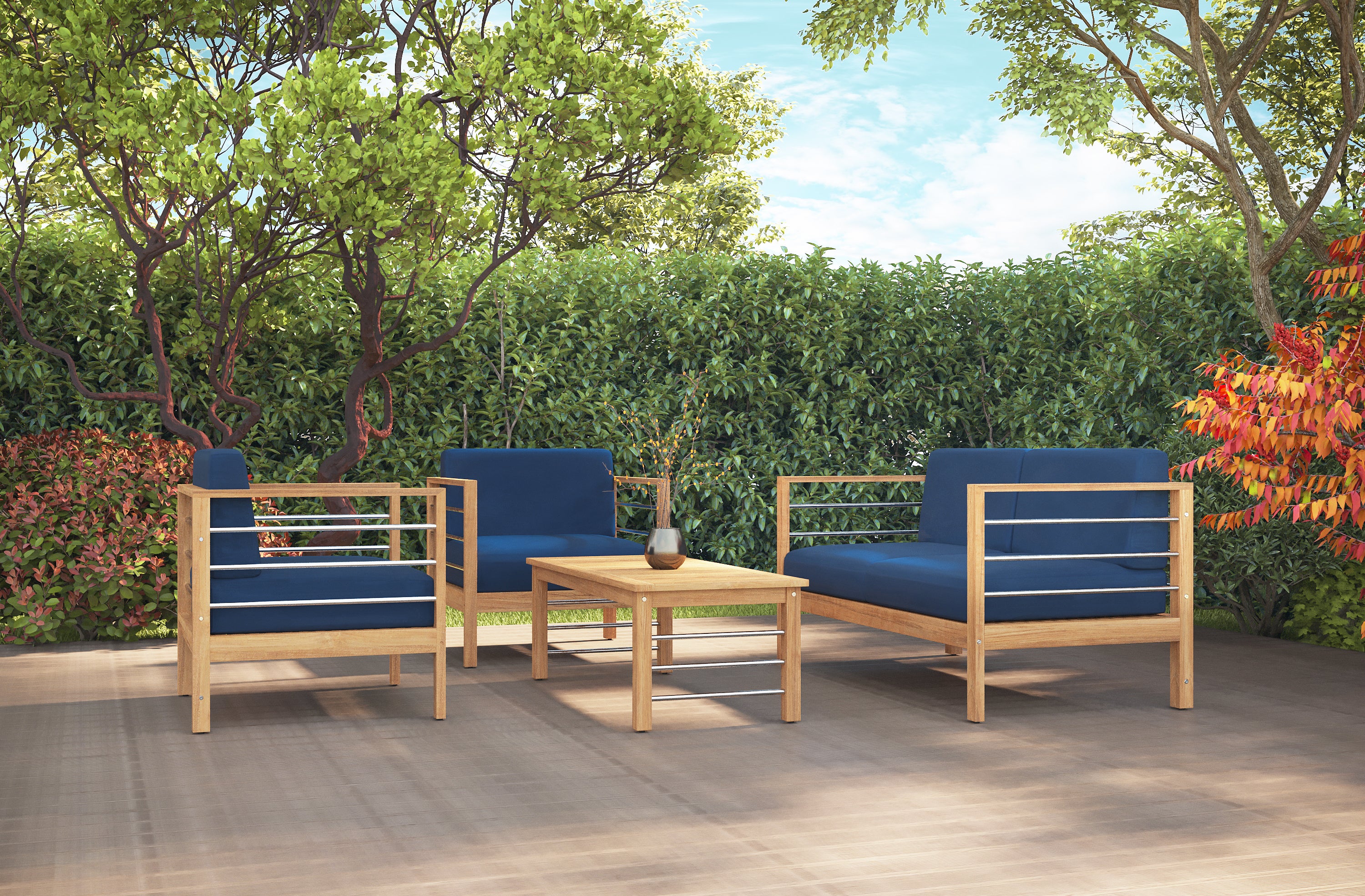 Premium 4-Piece Teak Outdoor Patio Deep Seating Set with Sunbrella Navy Cushions - Perfect for Backyard, Garden, Poolside & Patio Relaxation