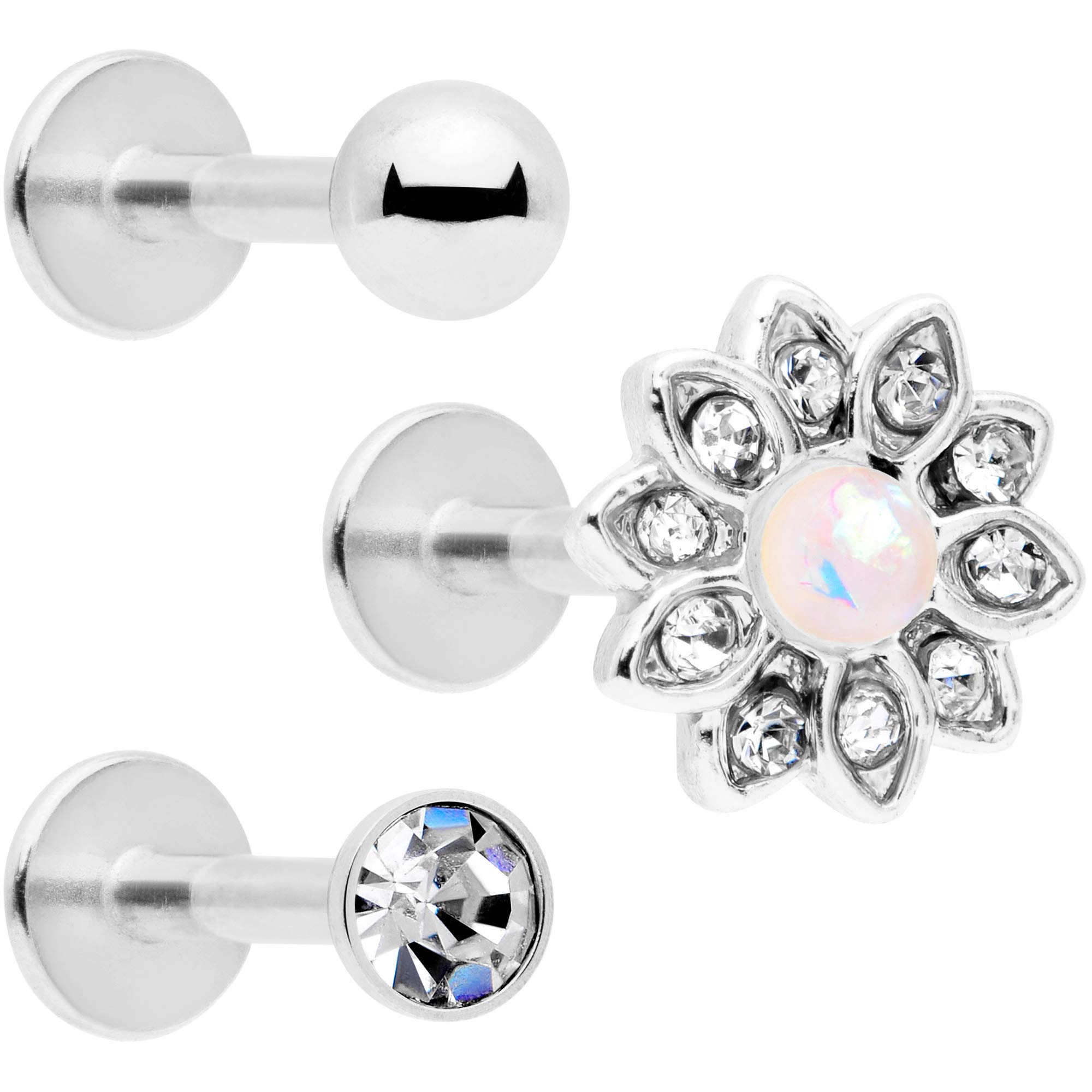 3 Pack 16G 316L Stainless Steel Blooming Flower Cartilage Earrings - 8mm Internally Threaded Flat Back Studs with Clear Accent & Ball End for Helix, Conch, Tragus, Monroe Piercings | Perfect for Everyday Wear, Gifts & Body Jewelry Collections