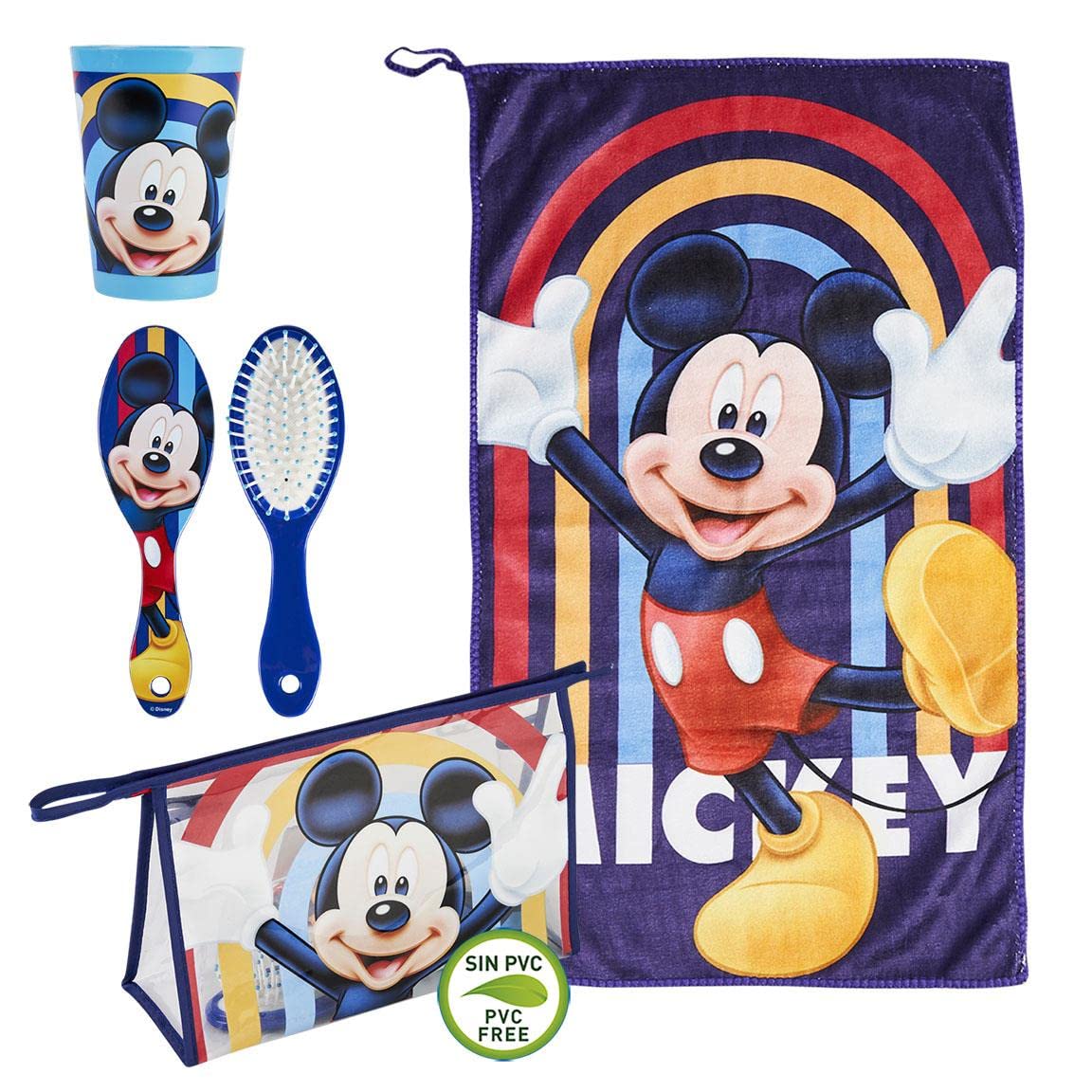 Mickey Mouse Kids Travel Toiletry Bag with Hairbrush, Microfiber Towel & Multi-Purpose Beaker - Perfect for Family Vacations, Camping Trips & Sleepovers