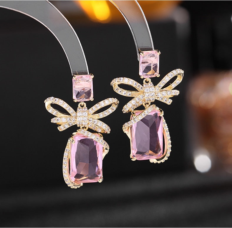 French Fashion Earrings - Silver Needle Micro Inlaid Zircon Square Crystal Bow Stud Earrings for Women | Korean Fresh Style | Perfect for Daily Wear, Office, Dating and Special Occasions