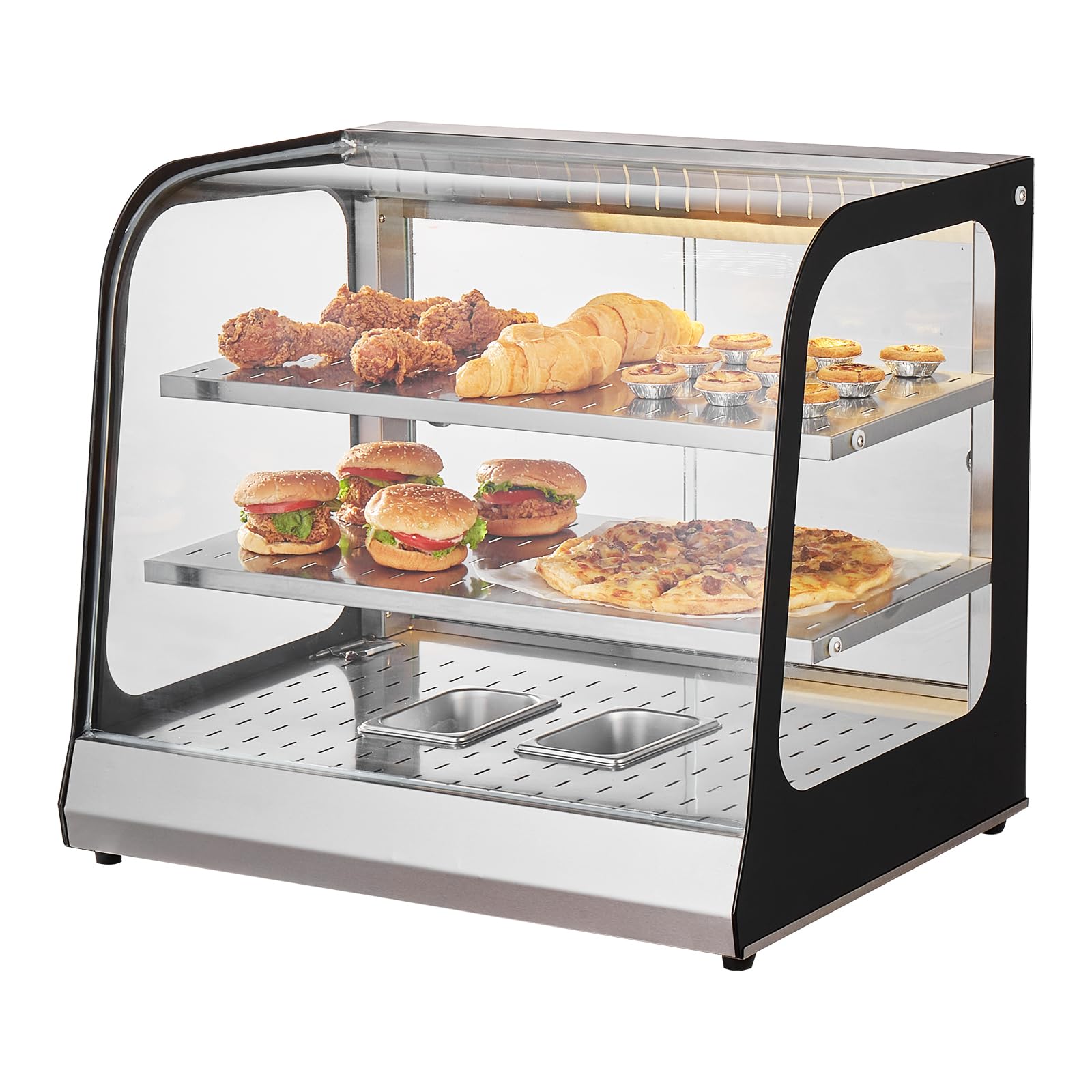 VEVOR 2-Tier Commercial Food Warmer Display - 850W Electric Countertop Food Warmer with Tempered Glass & Steam Heating, 86°F~185°F Adjustable Temperature, 111L Large Capacity for Restaurants, Cafes, Buffets - Perfect for Keeping Hamburgers, Pizza, Bread, Fried Chicken Warm and Fresh