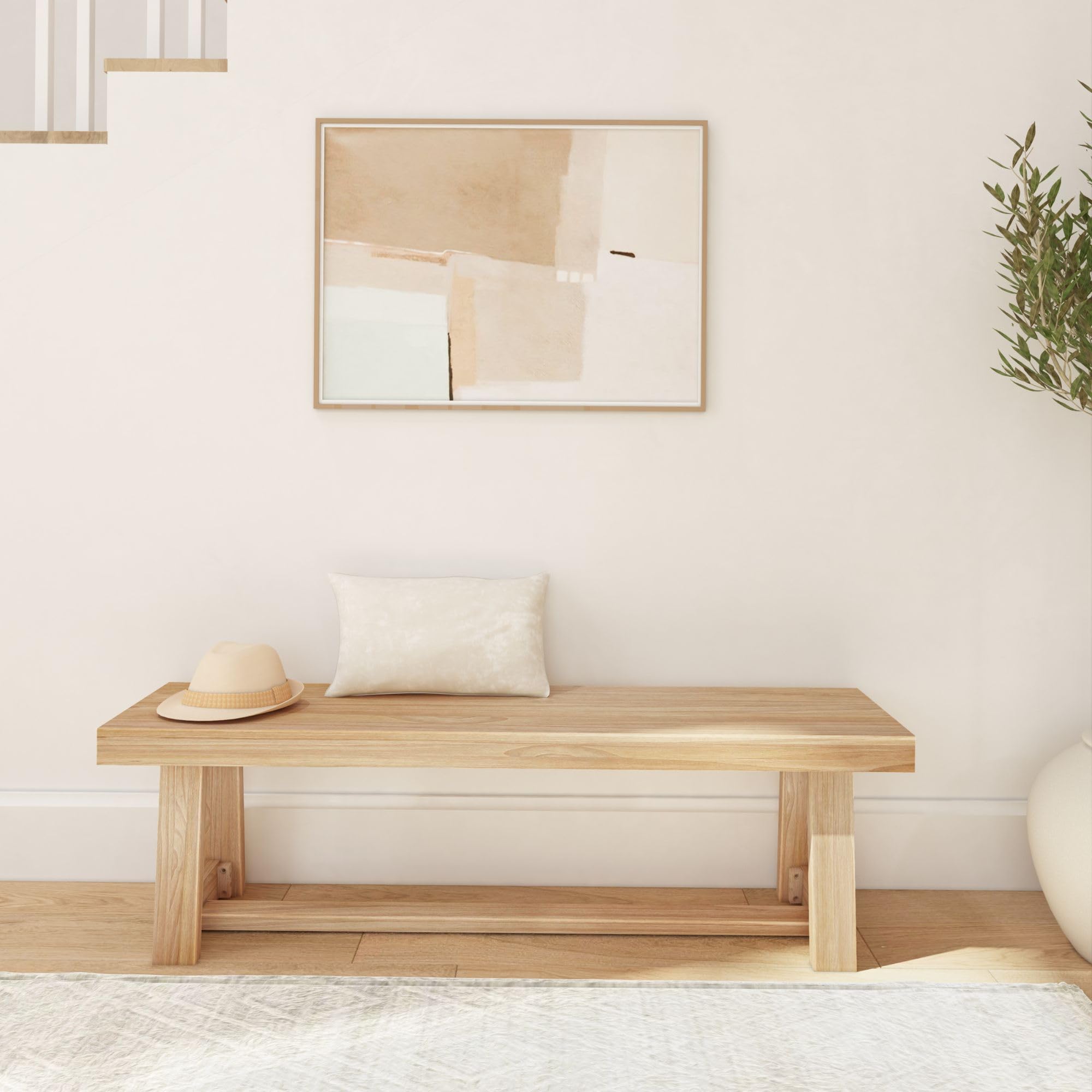 60 Inch Solid Wood Farmhouse Dining Bench by Plank+Beam - Rustic Entryway, Kitchen, Outdoor & Living Room Furniture - Easy Assembly Blonde Wirebrush Finish - Perfect for Dining Rooms, Home Offices & Patio Seating