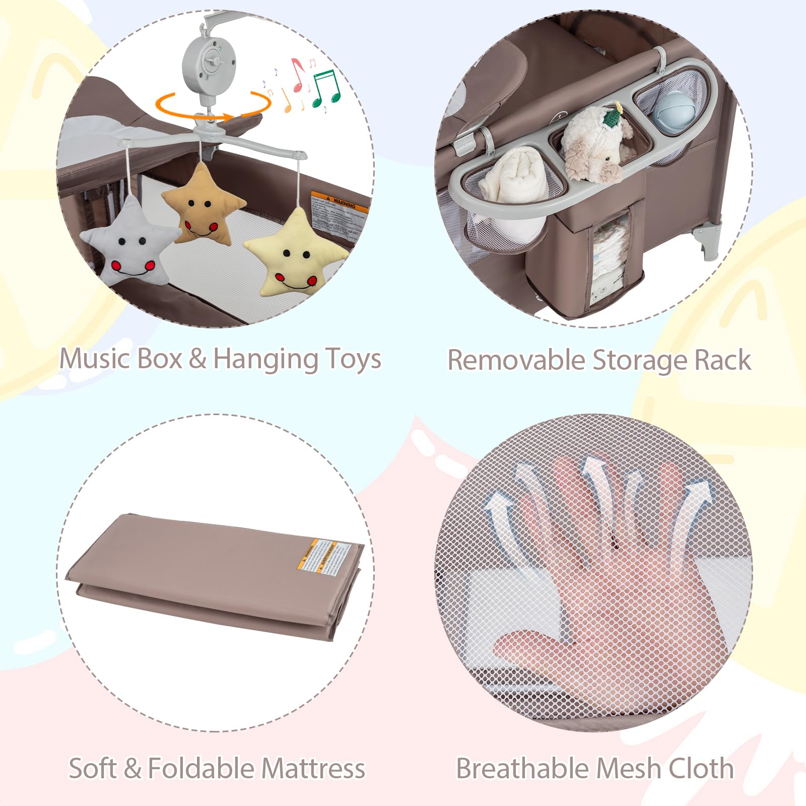 BABY JOY 5-in-1 Portable Baby Playard with Bassinet & Diaper Changer | Safe Bedside Sleeper for Newborn to Toddler | U-Shaped Changing Station, Side Zipper Entrance & Safety Strap | Coffee | Perfect for Nursery, Travel & Co-Sleeping
