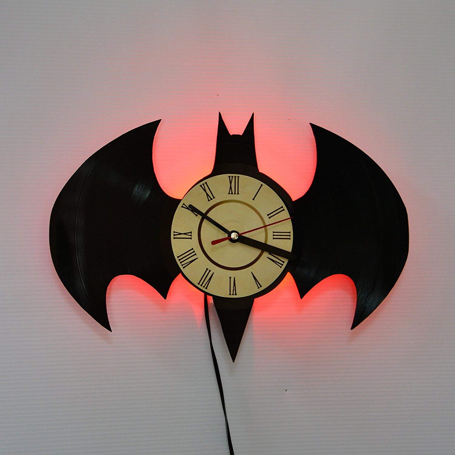 **Batman Superhero DC Comics LED Wall Clock - Vintage Backlight, Night Light & Wall Lamp - Handmade LED Vinyl Art for Living Room Decor (Red) - Perfect for Superhero Fans & Cool Interior Design**