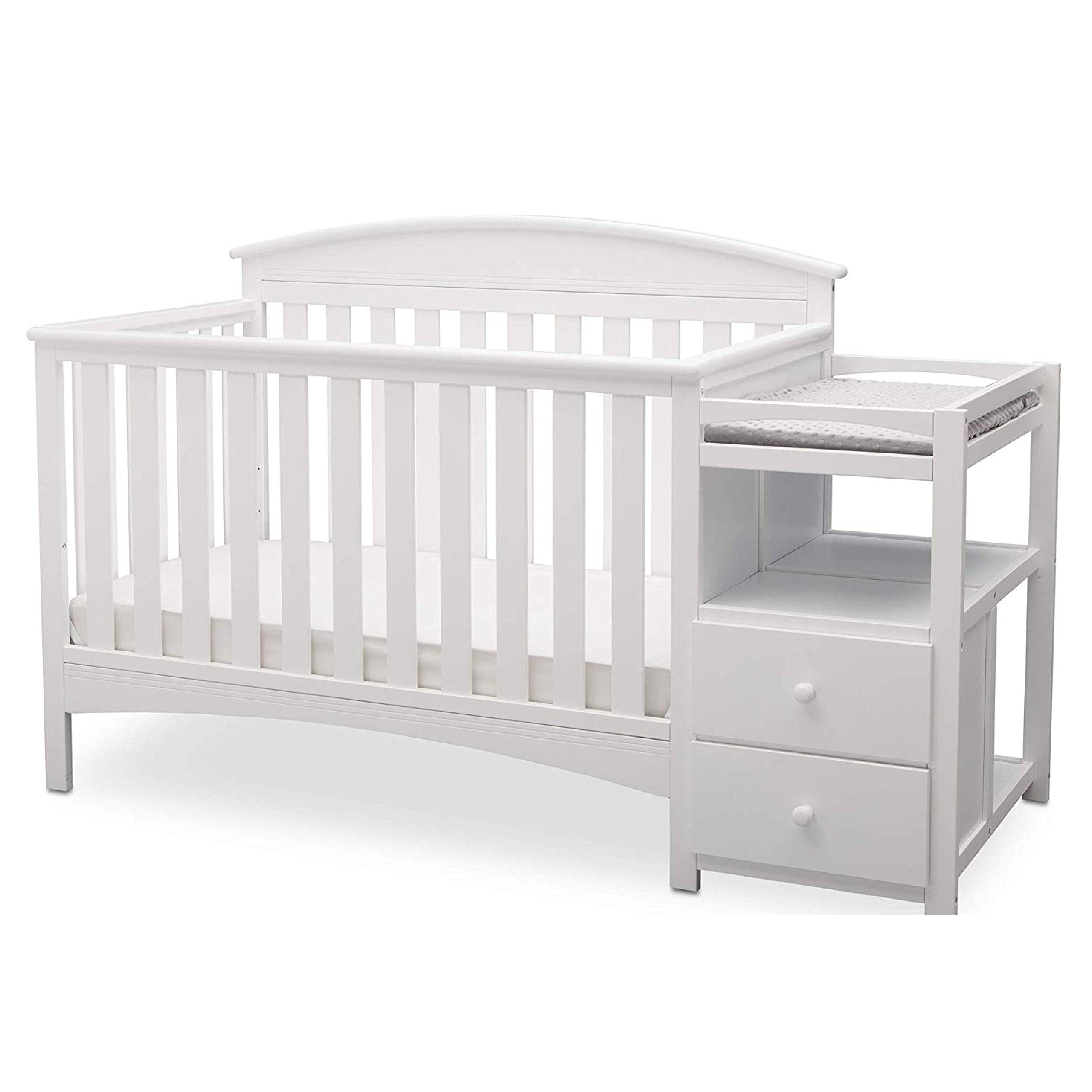 Delta Children Abby Convertible Crib and Changer - Bianca White | 3-in-1 Baby Crib with Changing Table | Nursery Furniture for Newborns & Toddlers | Perfect for Small Spaces & Modern Nurseries
