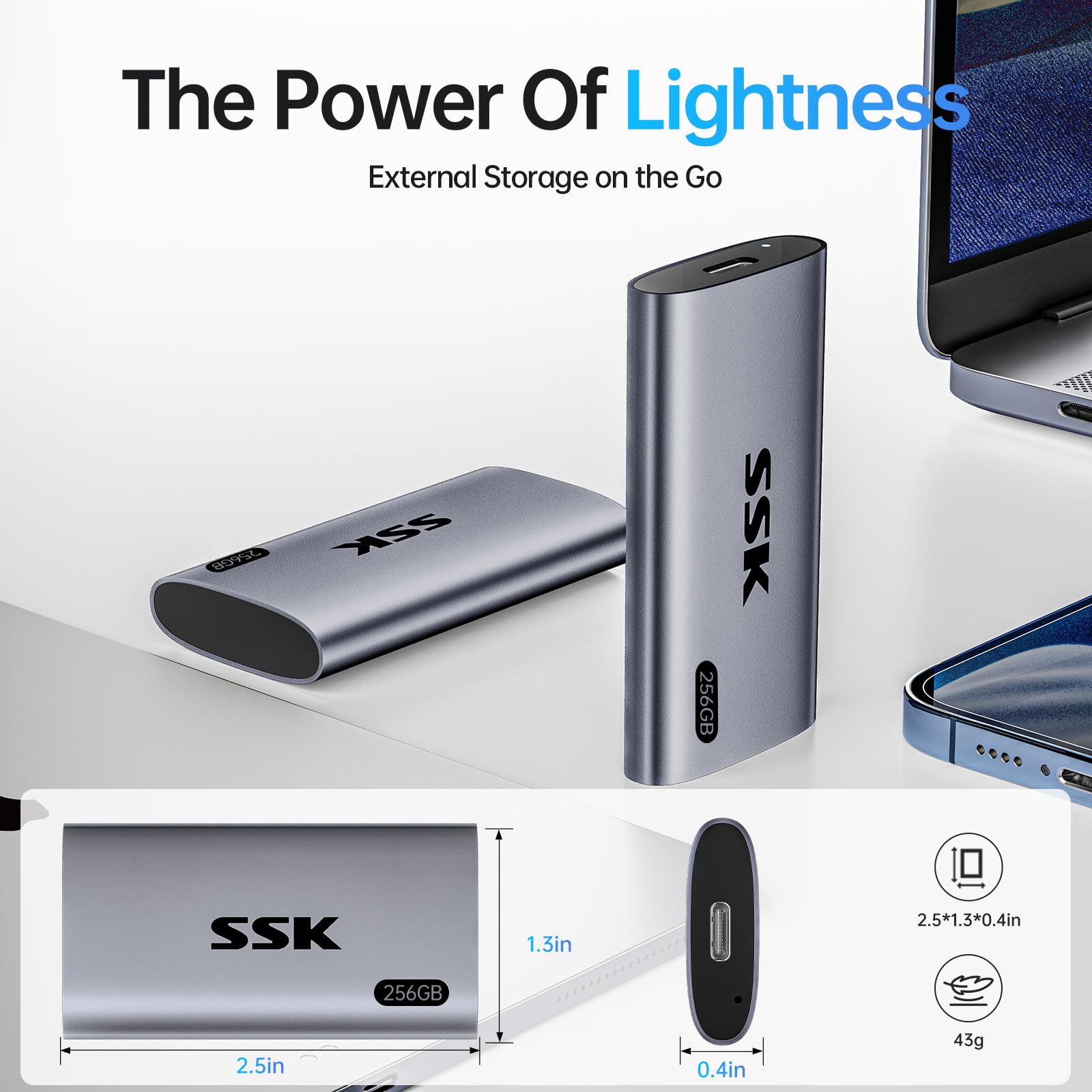 SSK 256GB Portable External SSD Hard Drive - USB 3.2 Gen 2 Fast Transfer up to 550MB/s - Compatible with iPhone 15/Pro, Windows PC, Mac, Android - LED Indicator, Trim & Smart Support - Perfect for Travel, Work, Gaming & Data Backup