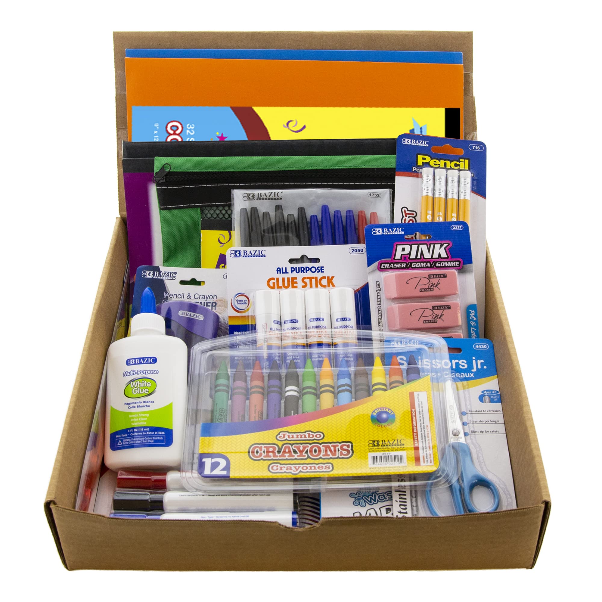 BAZIC 57-Piece Primary School Supply Kit for Kindergarten & Elementary Students (Grades K-6) - Includes Composition Notebook, Coloring Pencils & More - Perfect for Back to School, Homeschooling & Classroom Essentials (1-Pack)