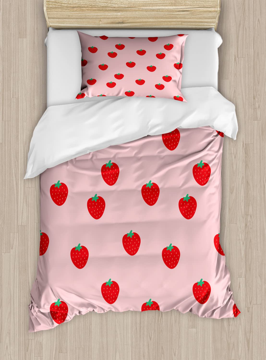 Ambesonne Strawberry Duvet Cover Set - Queen Size 2-Piece Bedding with 2 Pillowcases, Continuous Cartoon Style Summer Strawberry Print in Rose Pink & Green | Perfect for Kids' Rooms, Guest Bedrooms & Summer Home Decor
