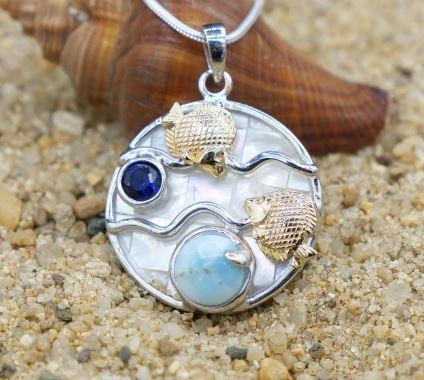 Handmade Fish Necklace with Larimar, Lapis Lazuli & Mother of Pearl - Elegant Bohemian Jewelry for Women, Perfect for Beach Vacations & Summer Outfits
