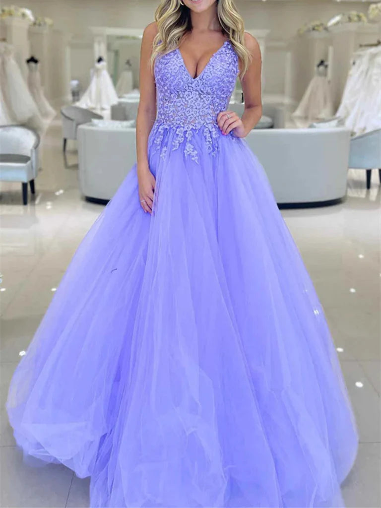 Elegant A-Line Lavender Lace Prom Dress with V-Neck - Long Formal Evening Gown for Homecoming, Wedding, Ball & Special Occasions