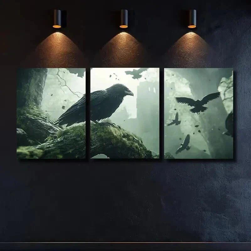 3-Piece Framed Canvas Wall Art Set - Raven Perched on Mossy Branch, 50x70cm | High-Quality Print, 100% Australian Made | Ready to Hang for Living Room, Bedroom, or Office Decor