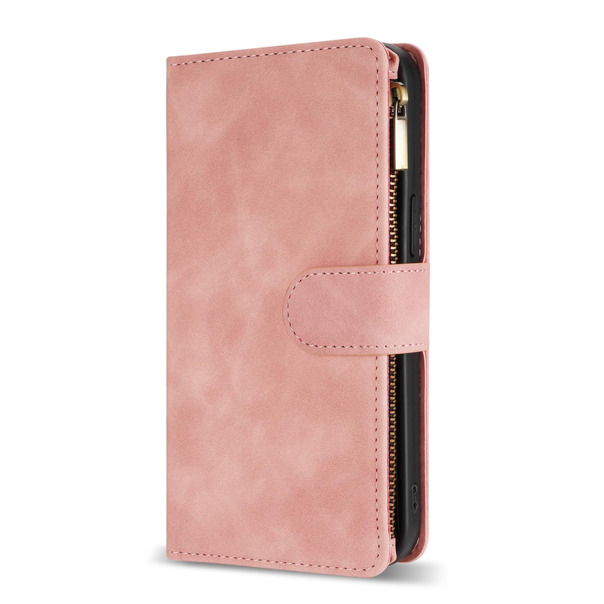 Premium Soft PU Leather Zipper Flip Folio Wallet Case for Samsung Galaxy S22 (6.1 Inch) – Card Slot, Wrist Strap & Kickstand – Protective Pink Cover for Daily Use, Travel & Business