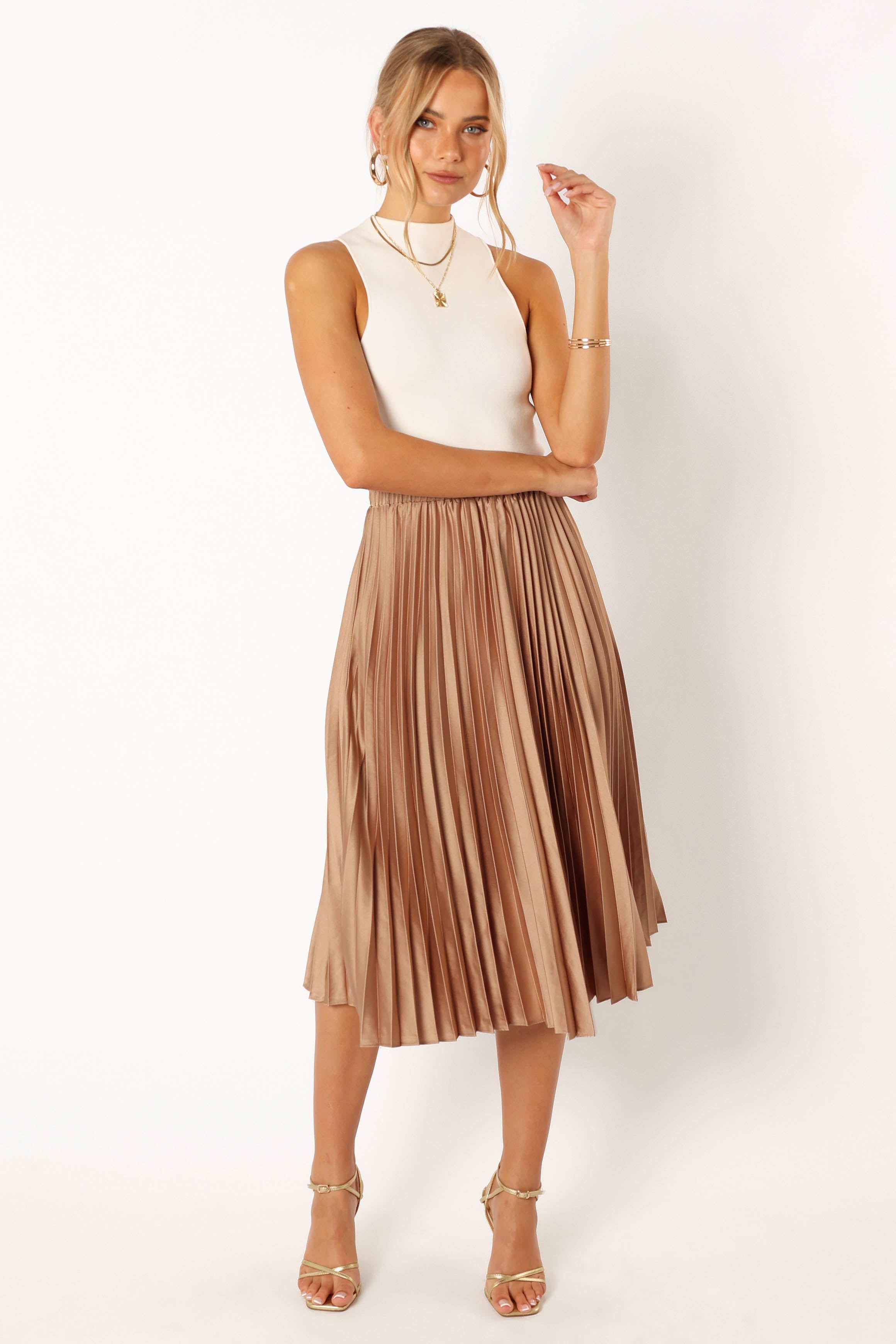 Chloe Plisse Skirt in Gold - Elegant High Waist Pleated Midi Skirt for Women | Perfect for Parties, Weddings & Office Wear