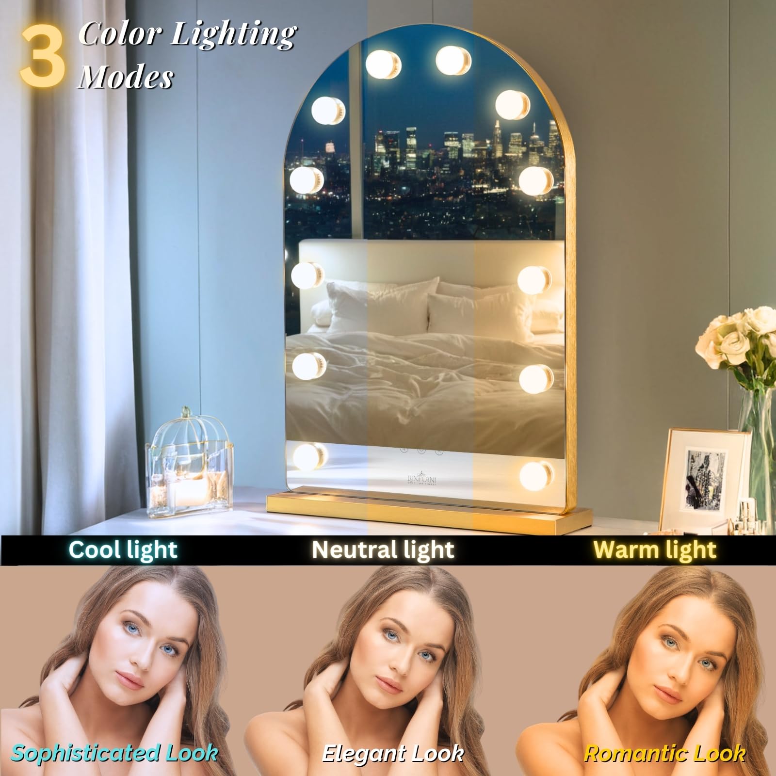 Hollywood Makeup Mirror with Lights - 12 Dimmable LED Bulbs, Smart Touch Control & 3 Color Modes (Gold) | Large Vanity Mirror for Bedroom, Dressing Room & Professional Makeup Studio