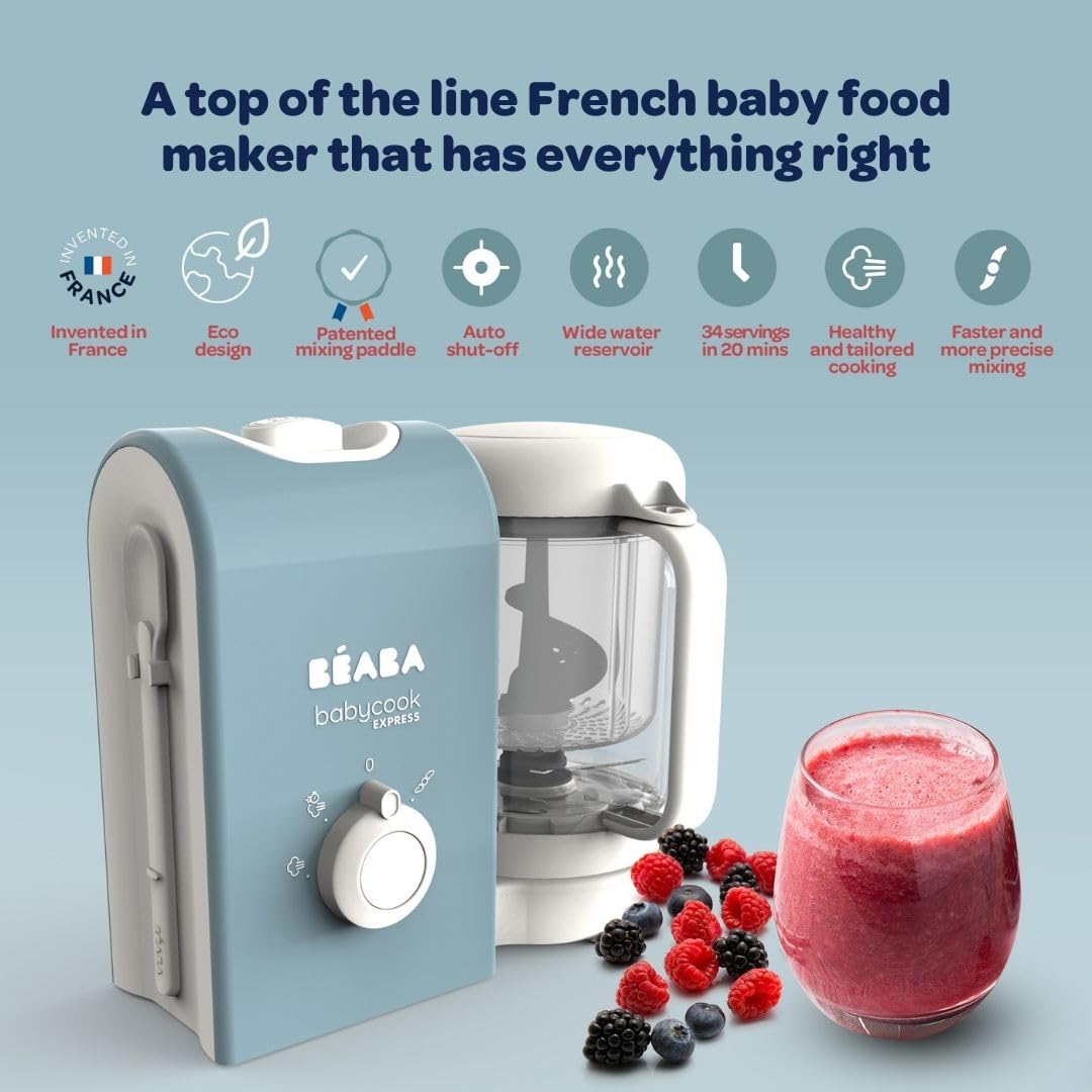 BEABA Babycook Express - Fastest Baby Food Maker & Steamer | Large Capacity 34 Servings | Healthy Homemade Baby Food in 15 Minutes | Essential for Busy Parents | Perfect for Purees, Steaming Veggies & Meal Prep