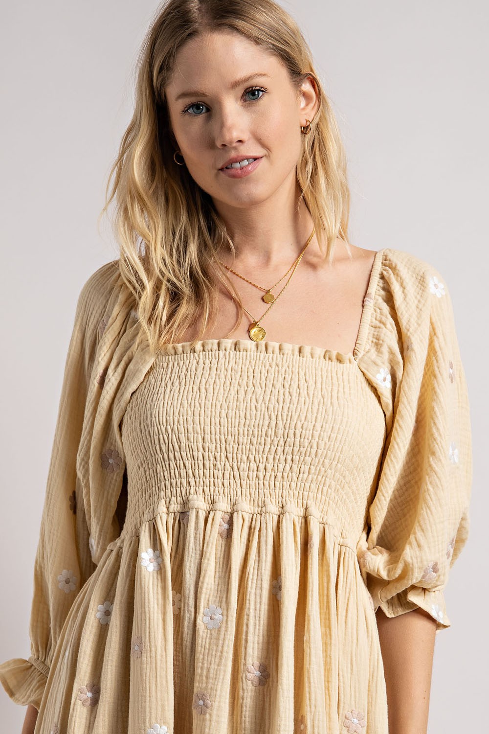 Beige Gauze Embroidery Smocking Tiered Gradient Dress for Women - Boho Summer Maxi Dress with Floral Embroidery - Perfect for Beach Vacations, Music Festivals and Date Nights