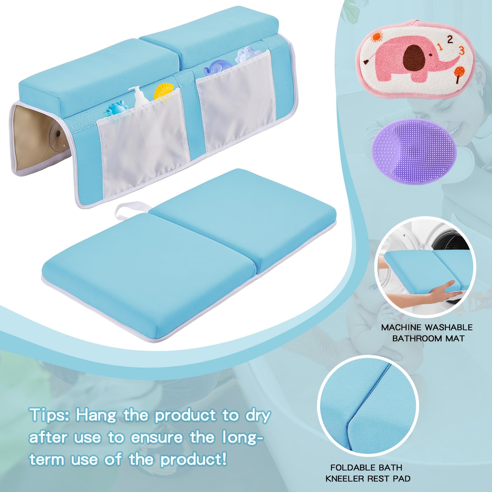 **ILPEOD Baby Bath Kneeler & Elbow Rest Pad Set – Thick Soft Memory Foam, Quick-Dry Bathtub Mat for Safe Baby Bathing | Non-Slip, Waterproof & Toy Organizer | Perfect Baby Shower Gift for Parents (Blue)**    *Ideal for stress-free bath time, nursery safety, and keeping baby essentials organized.*