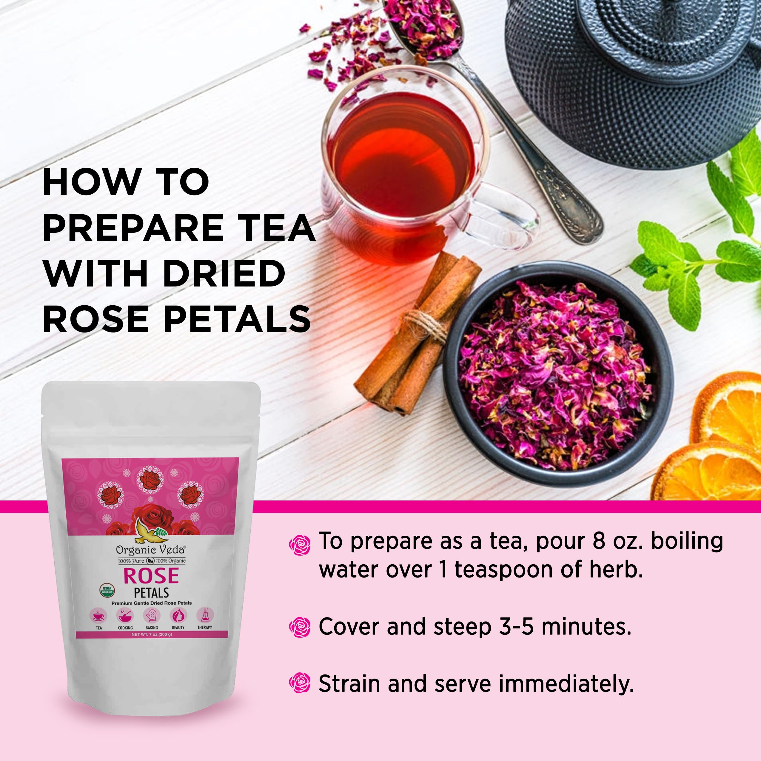 Organic Veda Dried Rose Petals, 7 oz - 100% USDA Certified Organic Edible Rose Petals for Rose Water, Baking, Tea, Cosmetics & Decor - Vegan, Non-GMO - Perfect for DIY Beauty, Gourmet Cooking & Relaxing Bath Soaks