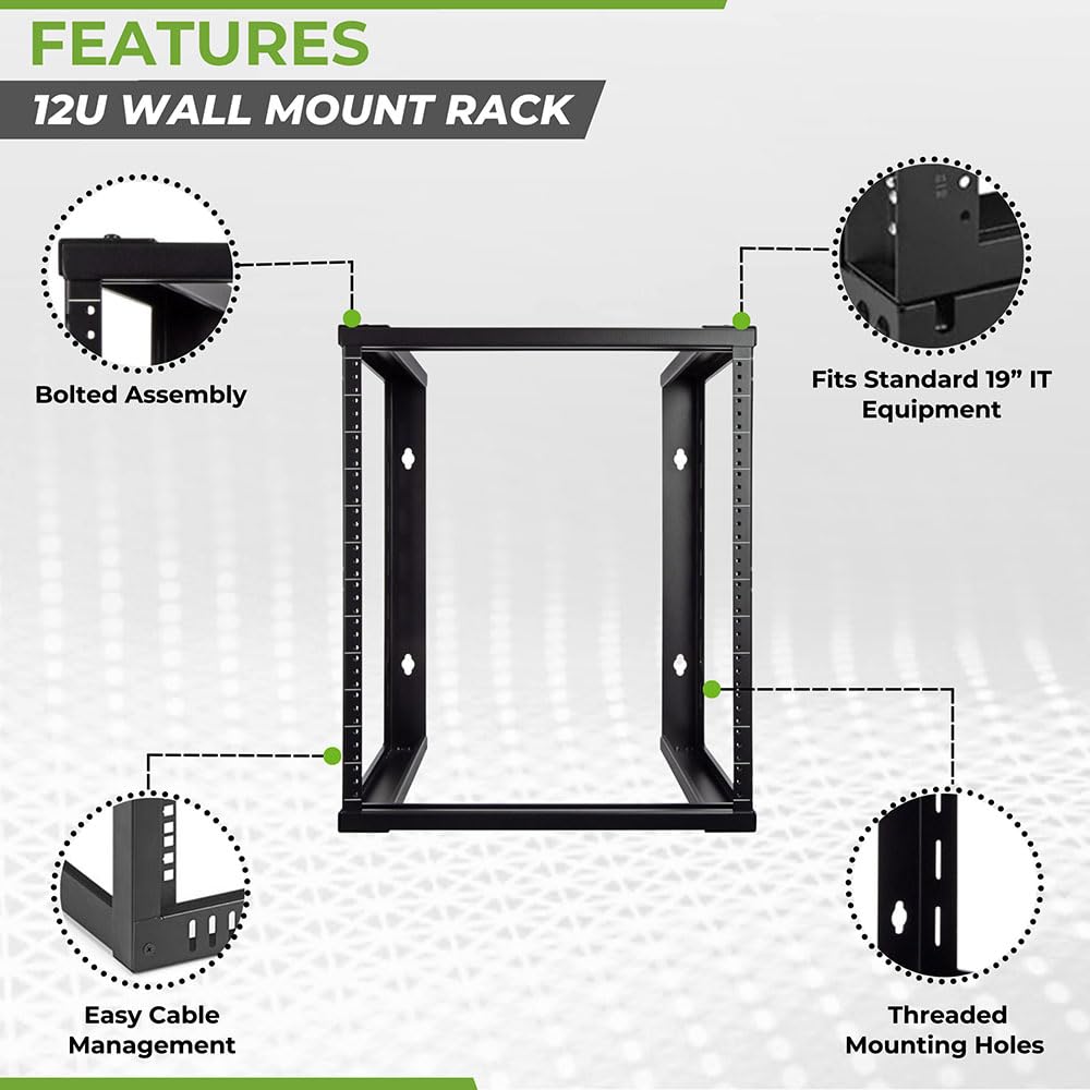 NavePoint 12U Wall Mount Open Frame 19 Inch Server Rack - 16 Inch Depth, Black | Network Equipment & AV Installation for Home & Office